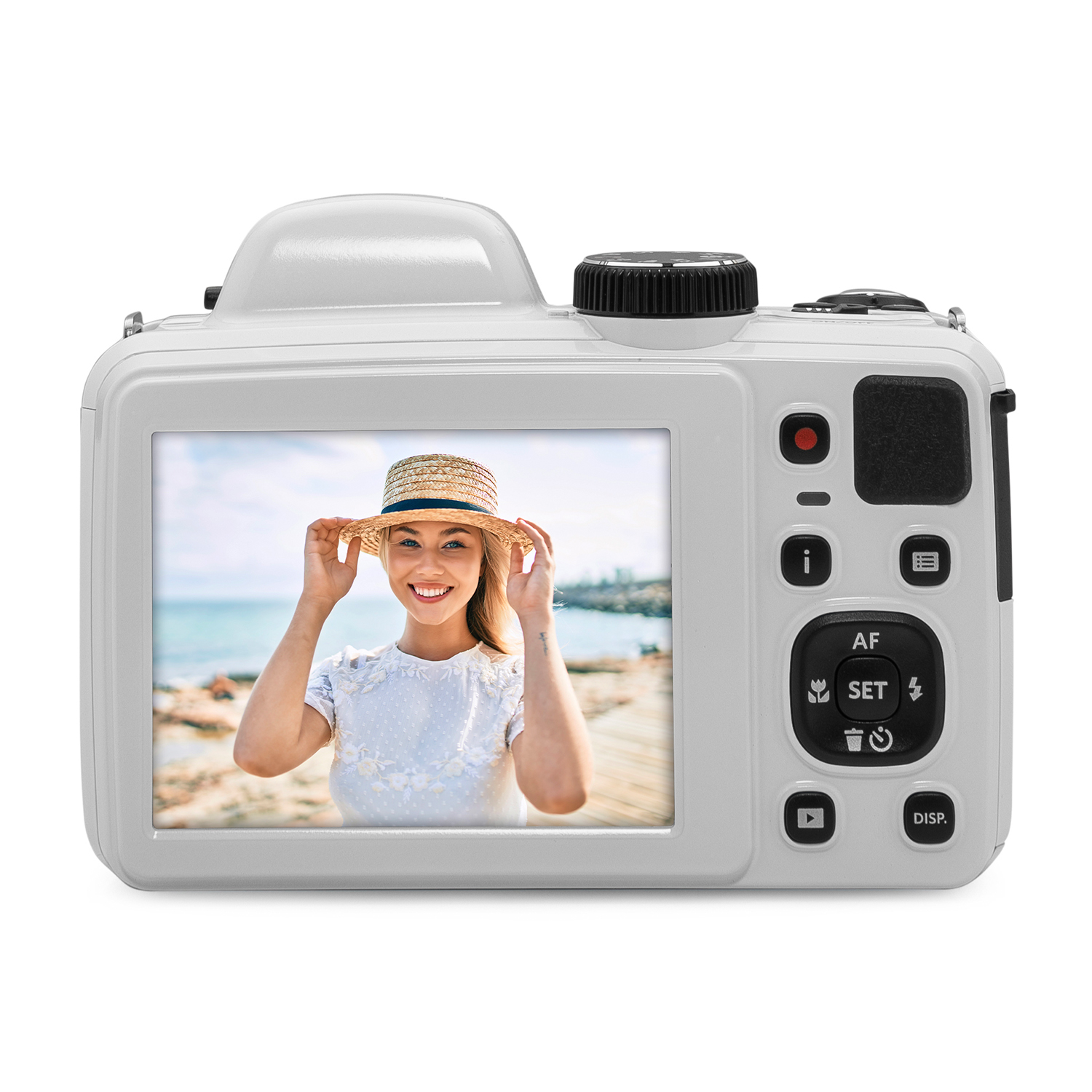 Vista posteriore di una fotocamera bianca con una foto visualizzata sullo schermo.