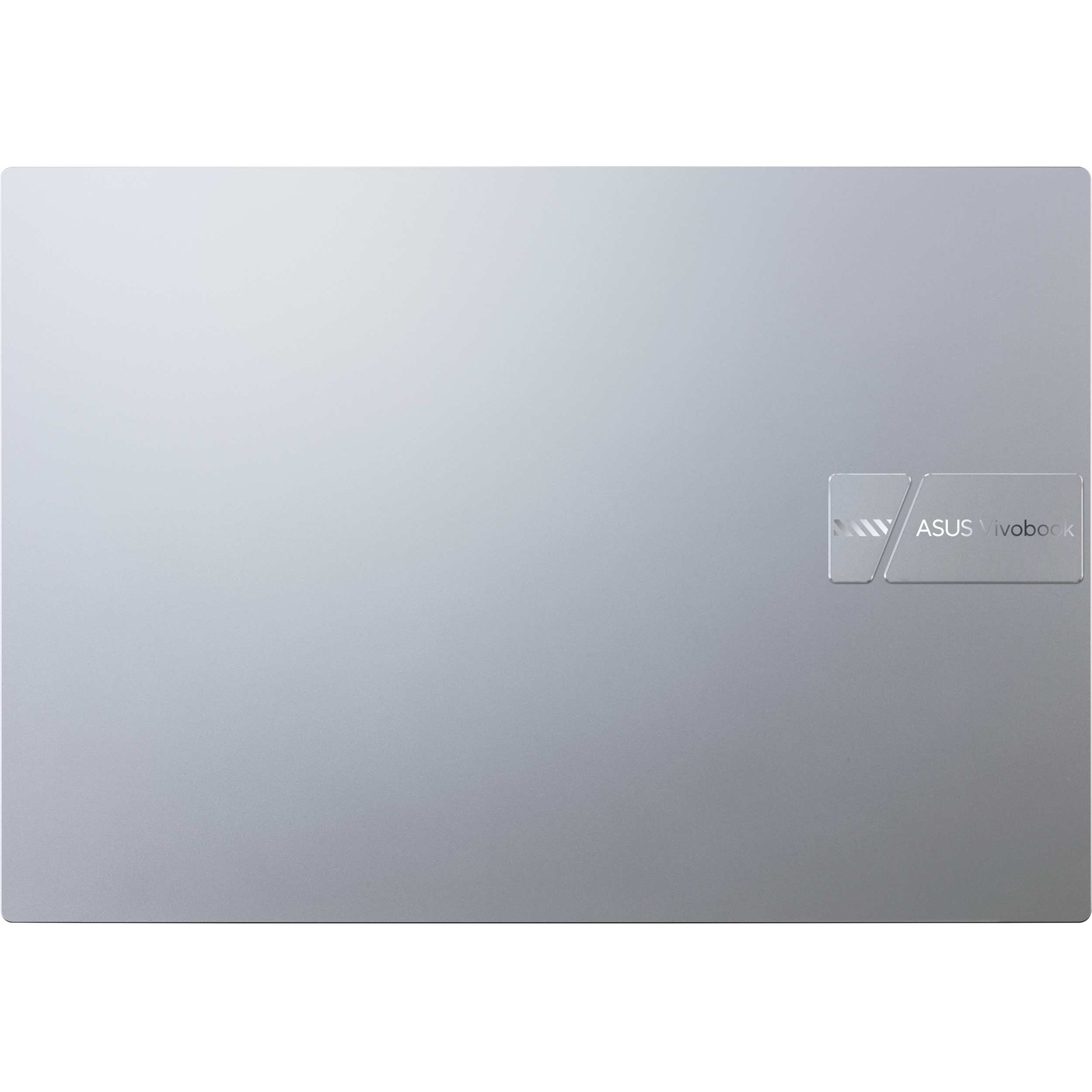 Tapa de portátil plateada con el logo ASUS vivobook a la derecha.