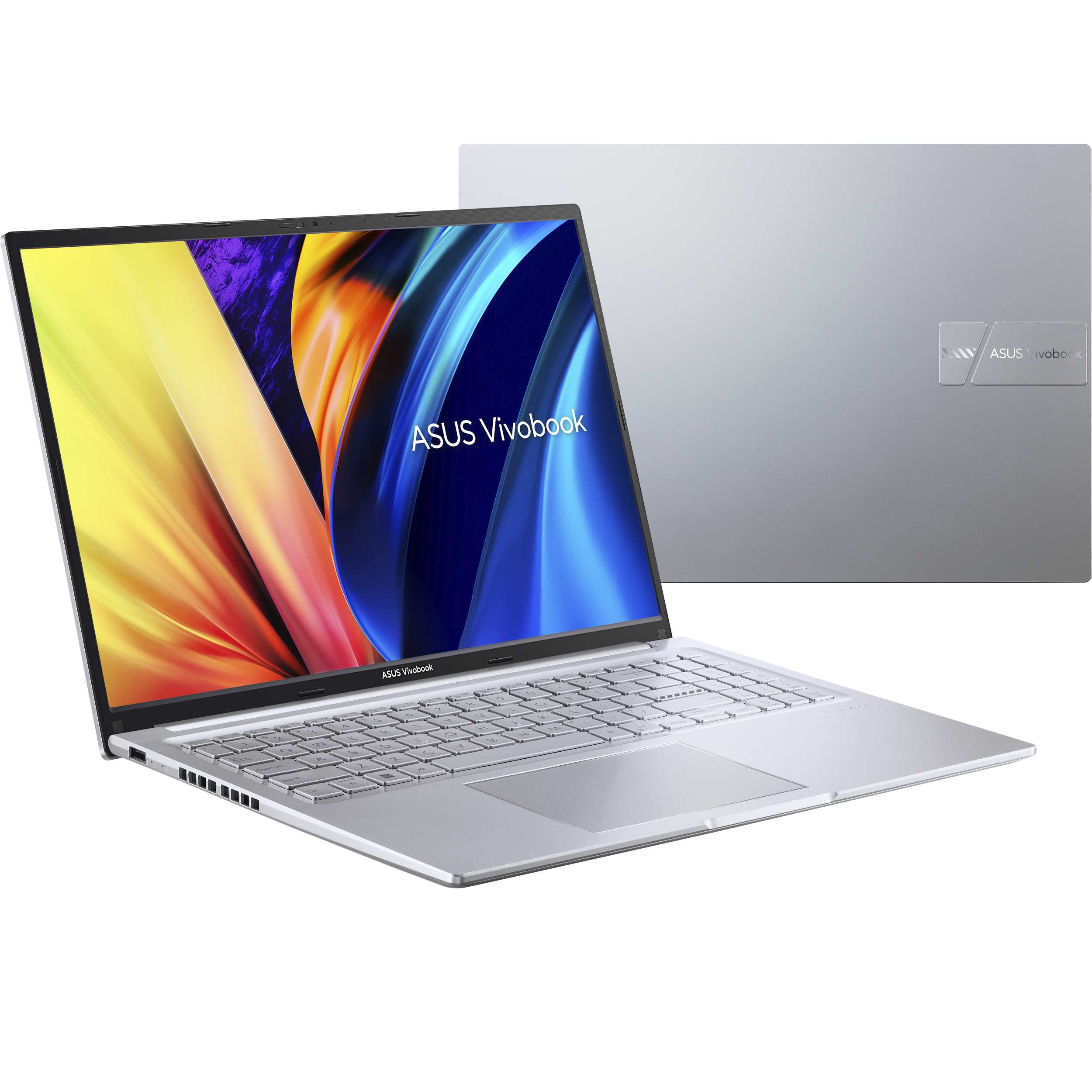 Portátil ASUS Vivobook plateado, abierto, mostrando una pantalla colorida. También se ve la parte trasera.