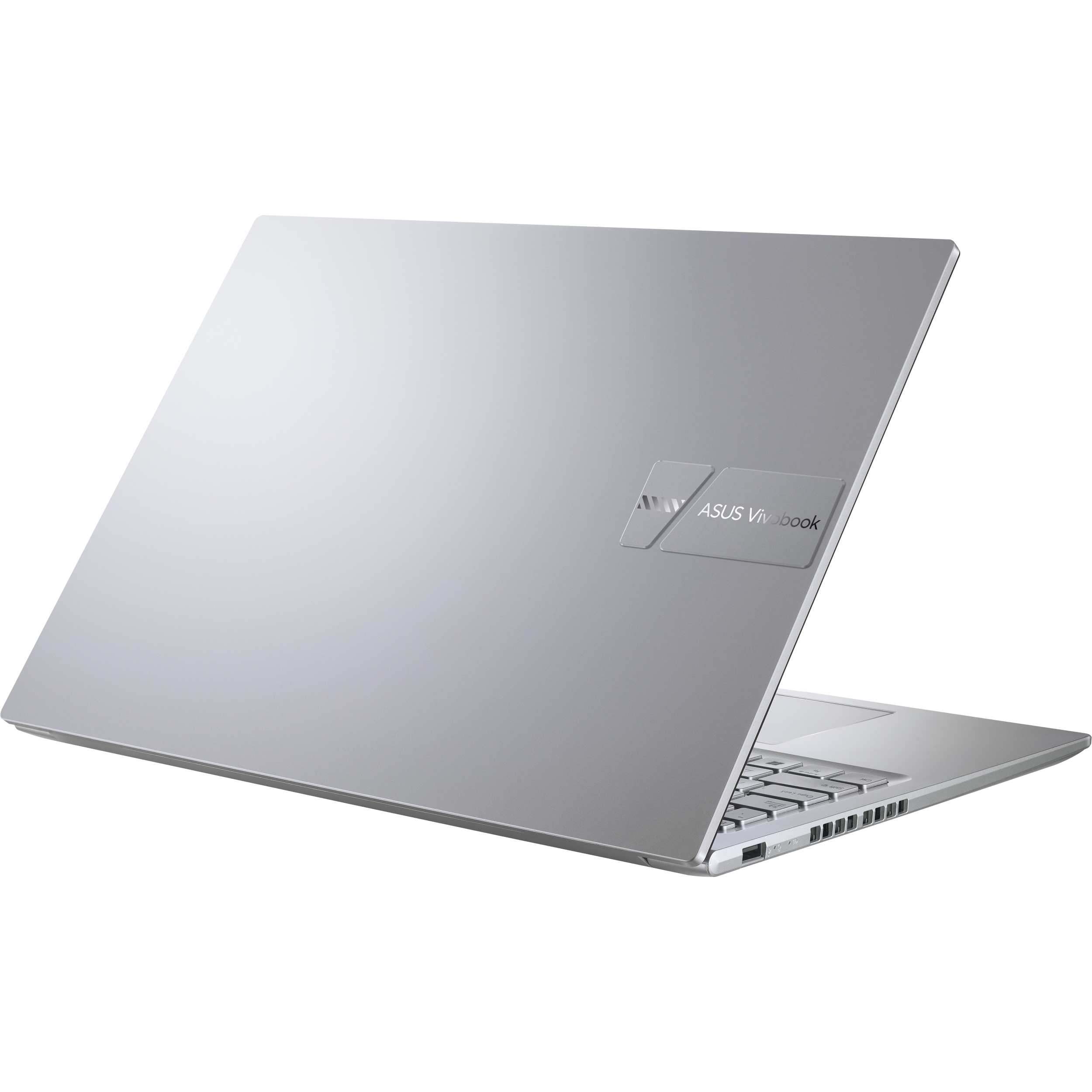 Parte trasera de portátil plateado con logo ASUS Vivobook. Tapa abierta, fondo blanco. Teclado visible.