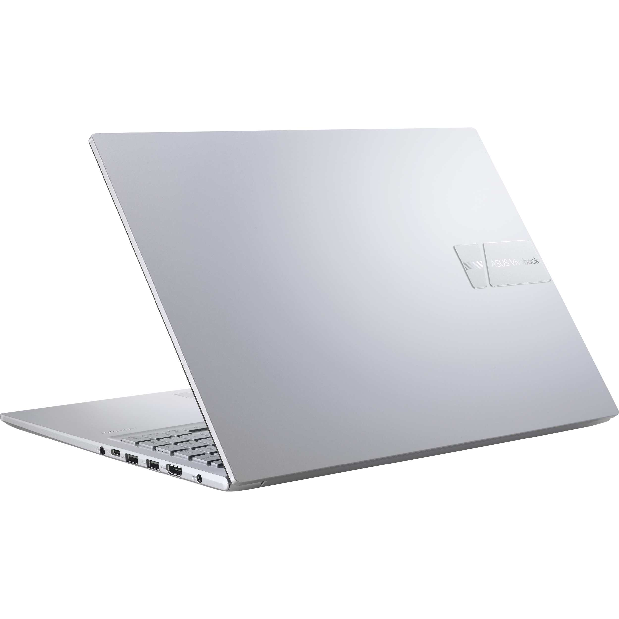 Un portátil plateado, visto desde atrás, mostrando los puertos y el logotipo de ASUS Vivobook.
