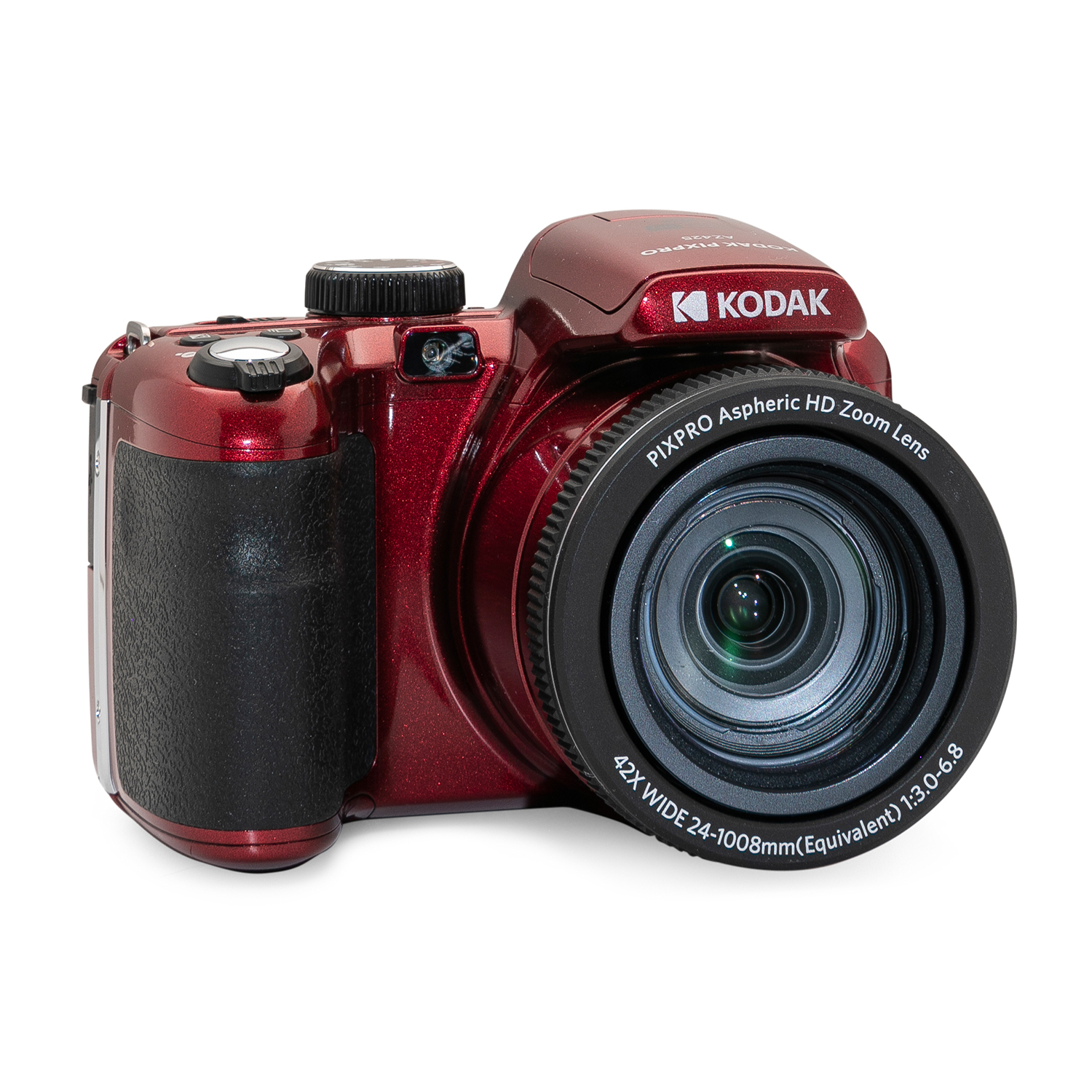 Fotocamera Kodak rossa su bianco. Obiettivo e impugnatura neri, pulsanti argentati.