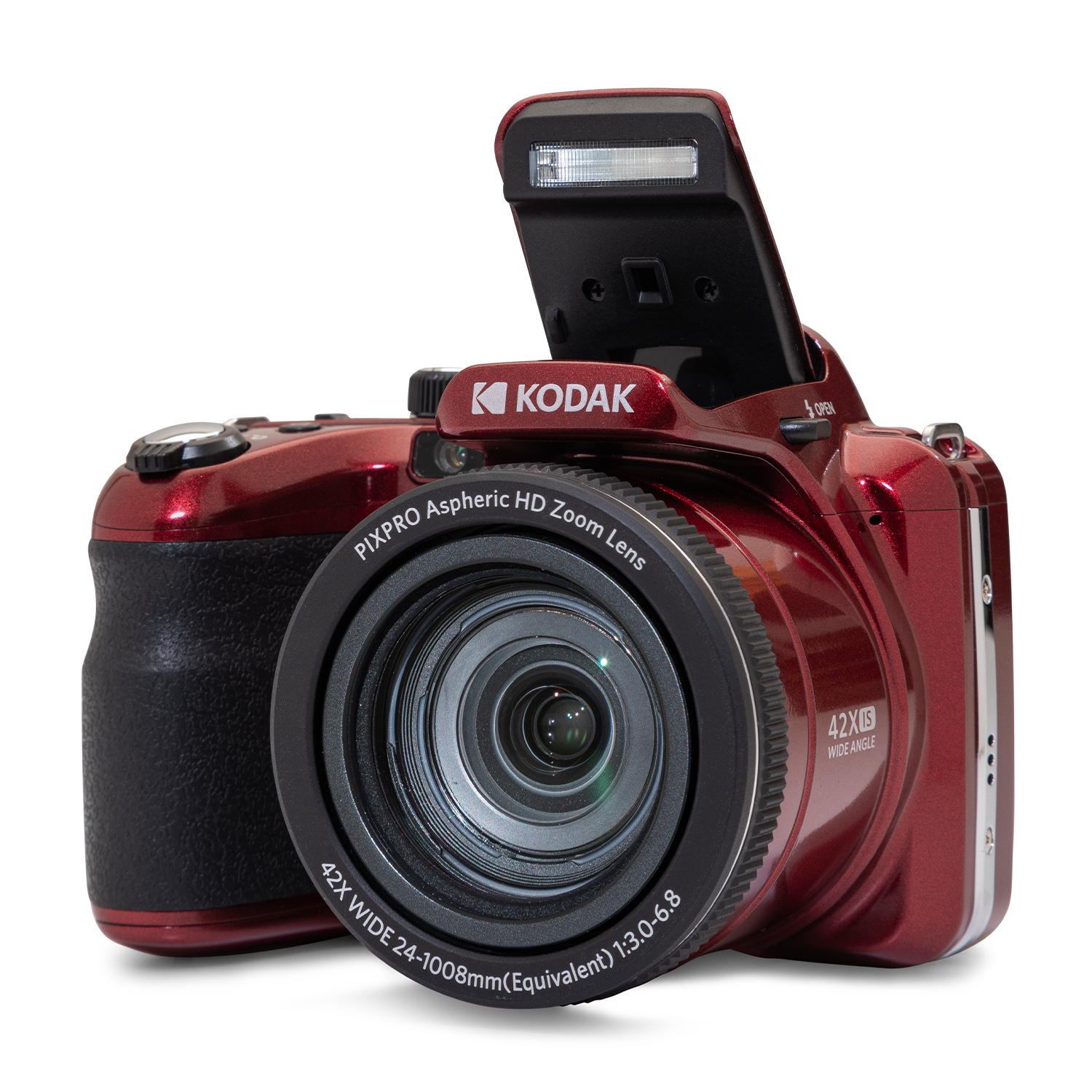Fotocamera digitale Kodak rossa con flash a comparsa. Ha un obiettivo zoom e un flash aperto.