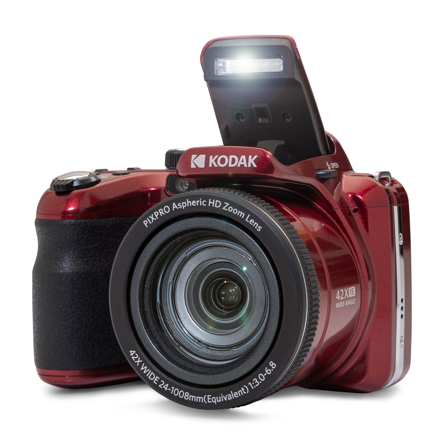 Una fotocamera Kodak rossa con flash, obiettivo e vari controlli, su uno sfondo bianco.