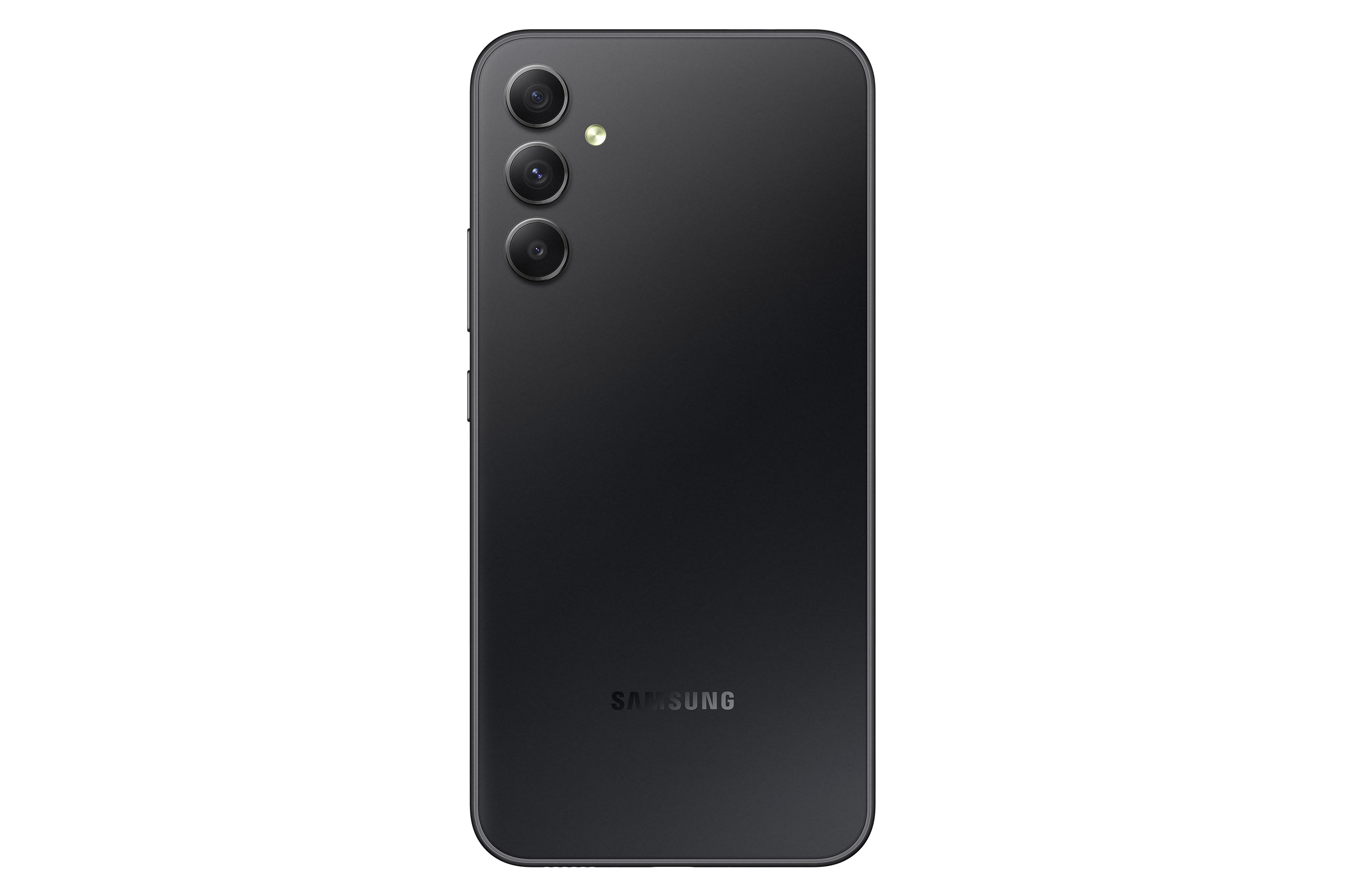 Back of a black smartphone with a triple-lens camera setup and the Samsung logo, on a black background.