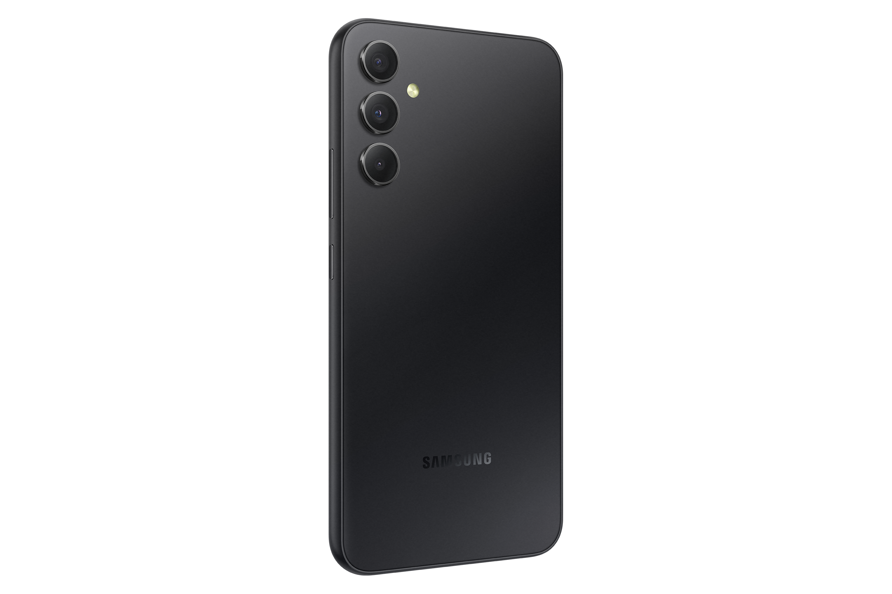 Black Samsung phone with three cameras, logo, and a black background.