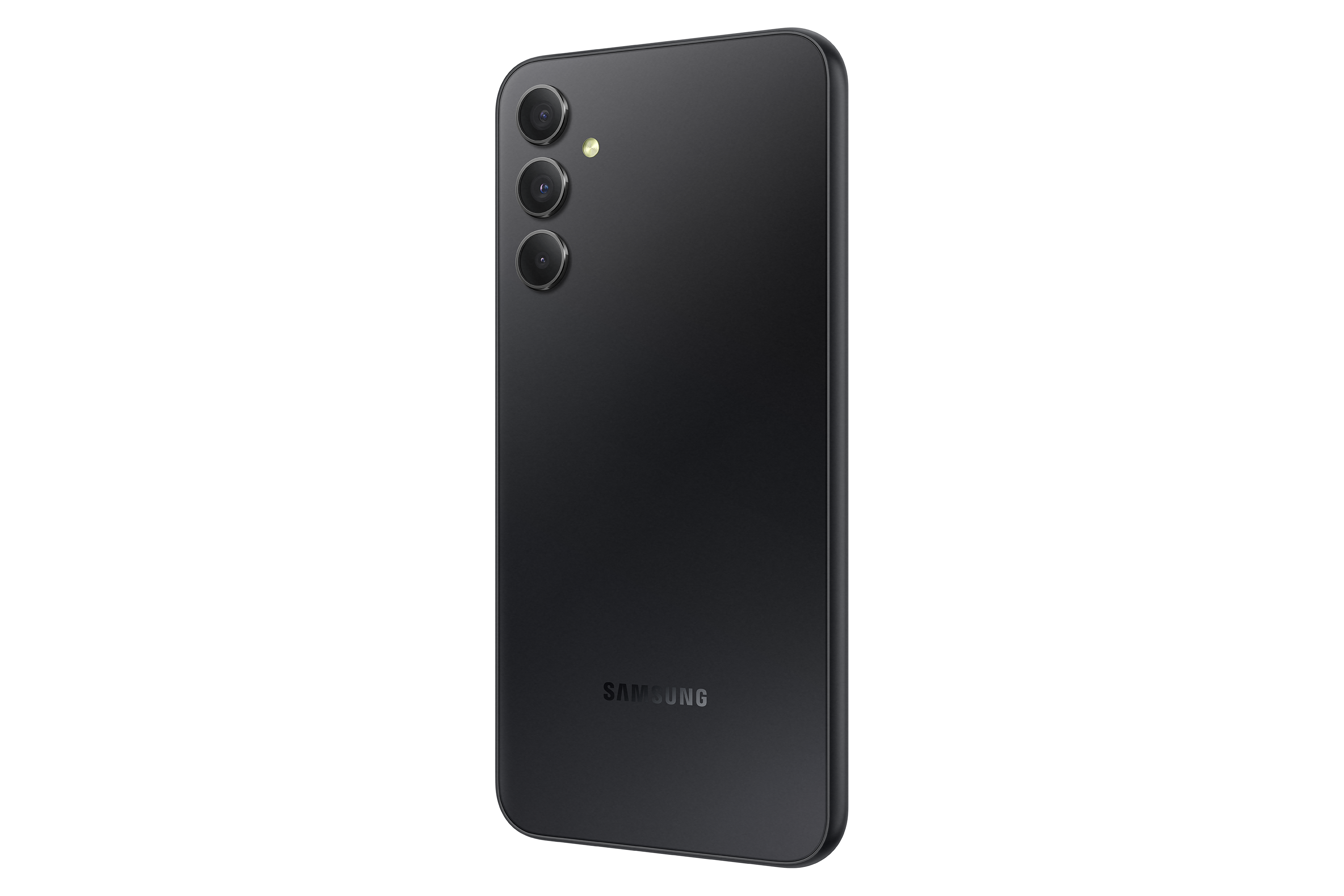 Black smartphone with three rear cameras, Samsung logo on black background.