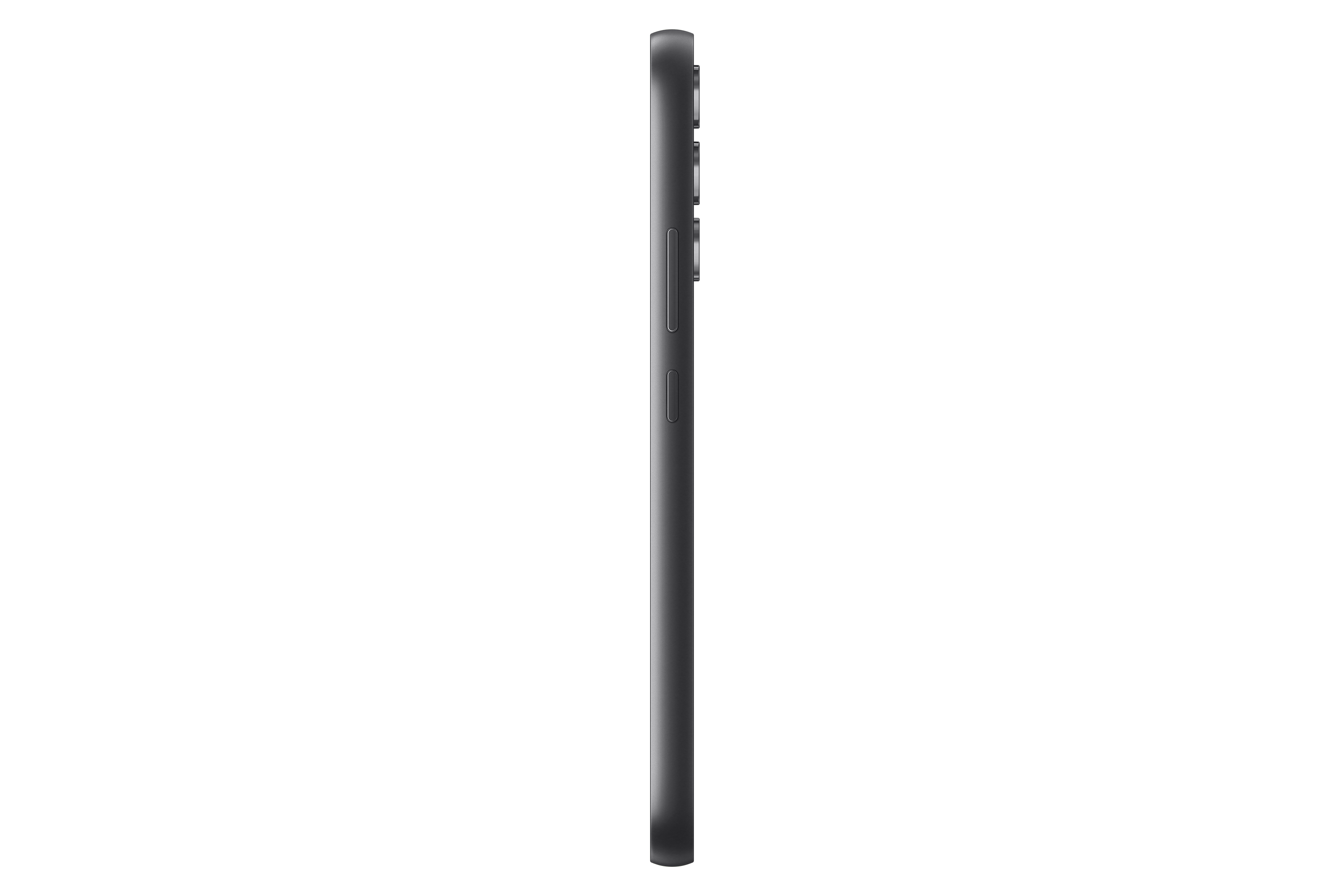 The side view of a dark grey smartphone against a black background, showing buttons on the side.