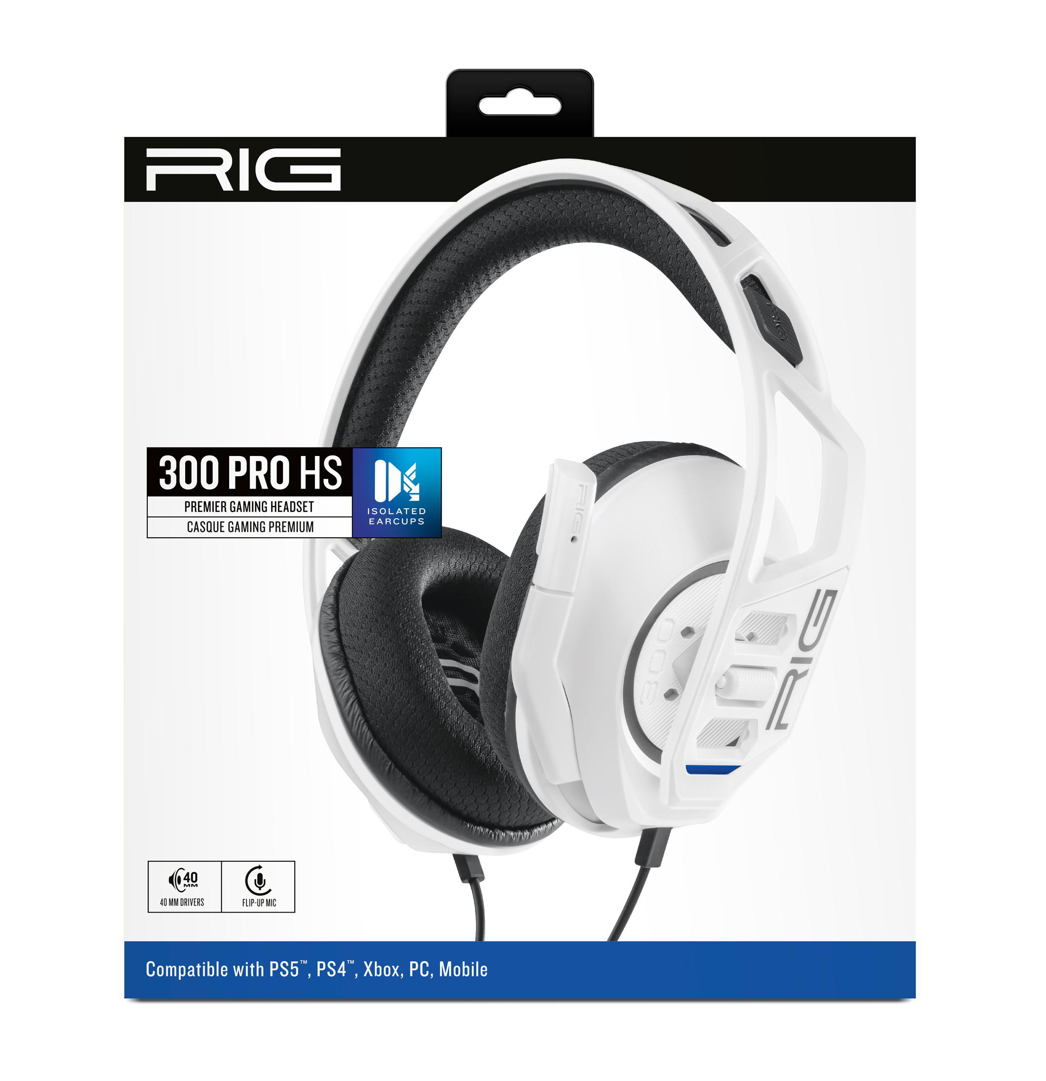 Weißes RIG-Headset mit schwarzen Ohrmuscheln und einer Box mit Text und Logos.