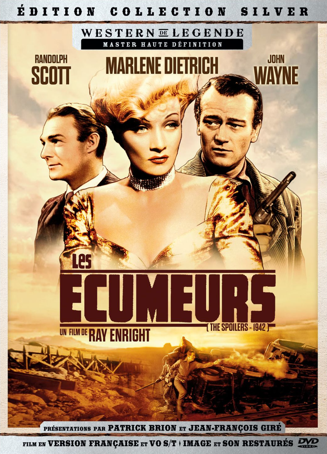 Filmposter: Les Ecumeurs. Met Randolph Scott, Marlene Dietrich en John Wayne.