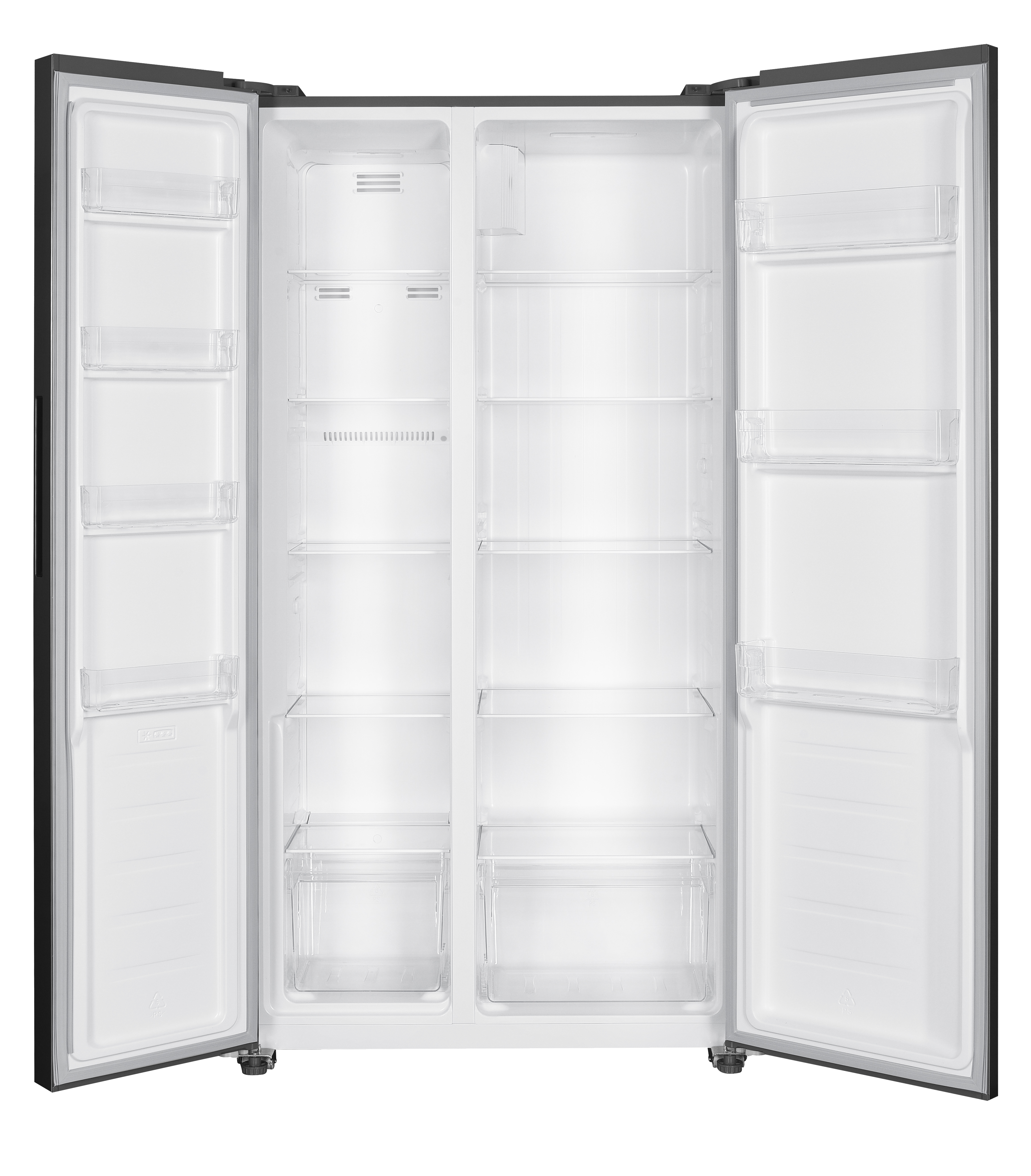 Offener Kühlschrank mit Regalen, Schubladen und transparenten Innenräumen, schwarz-weiß.