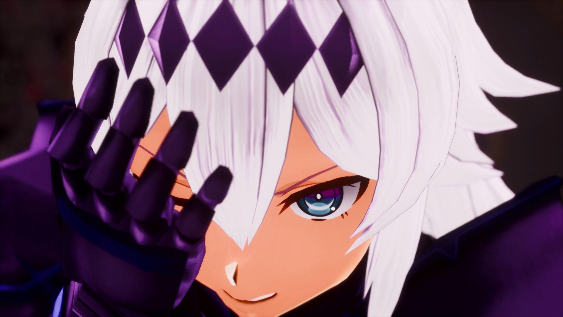 Anime-Charakter mit weißen Haaren, lila Rüstung und blauen Augen, der zum Betrachter greift.