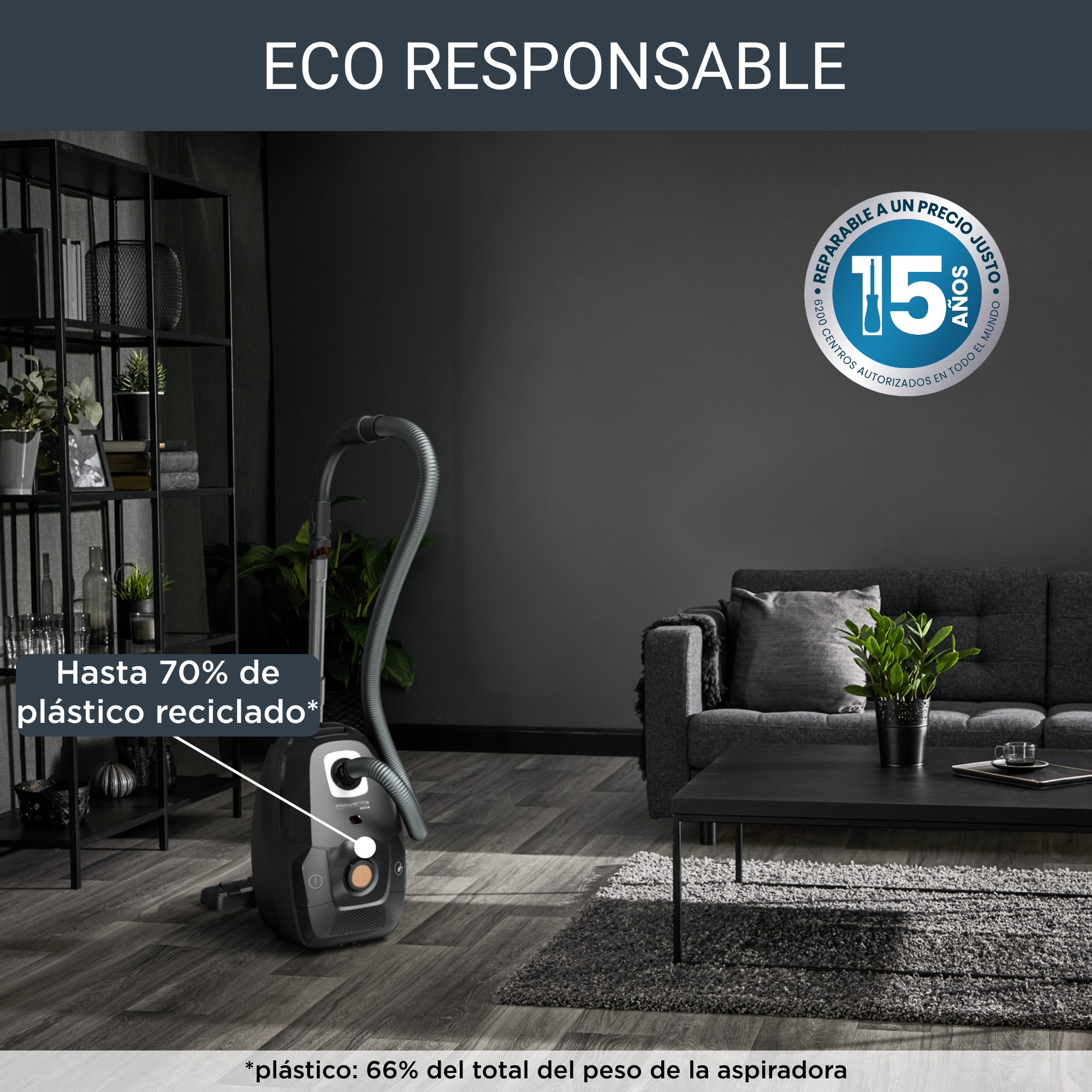 Una escena interior con una aspiradora y un sofá. El texto dice 'Eco Responsable' y plástico reciclado.