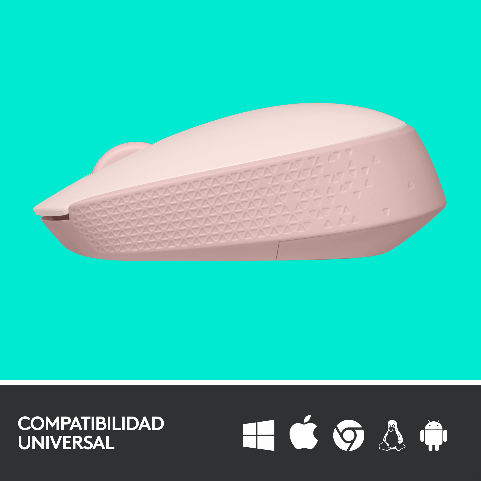 Un ratón inalámbrico rosa claro sobre un fondo verde azulado. El ratón tiene un área de agarre texturizada y logotipos.