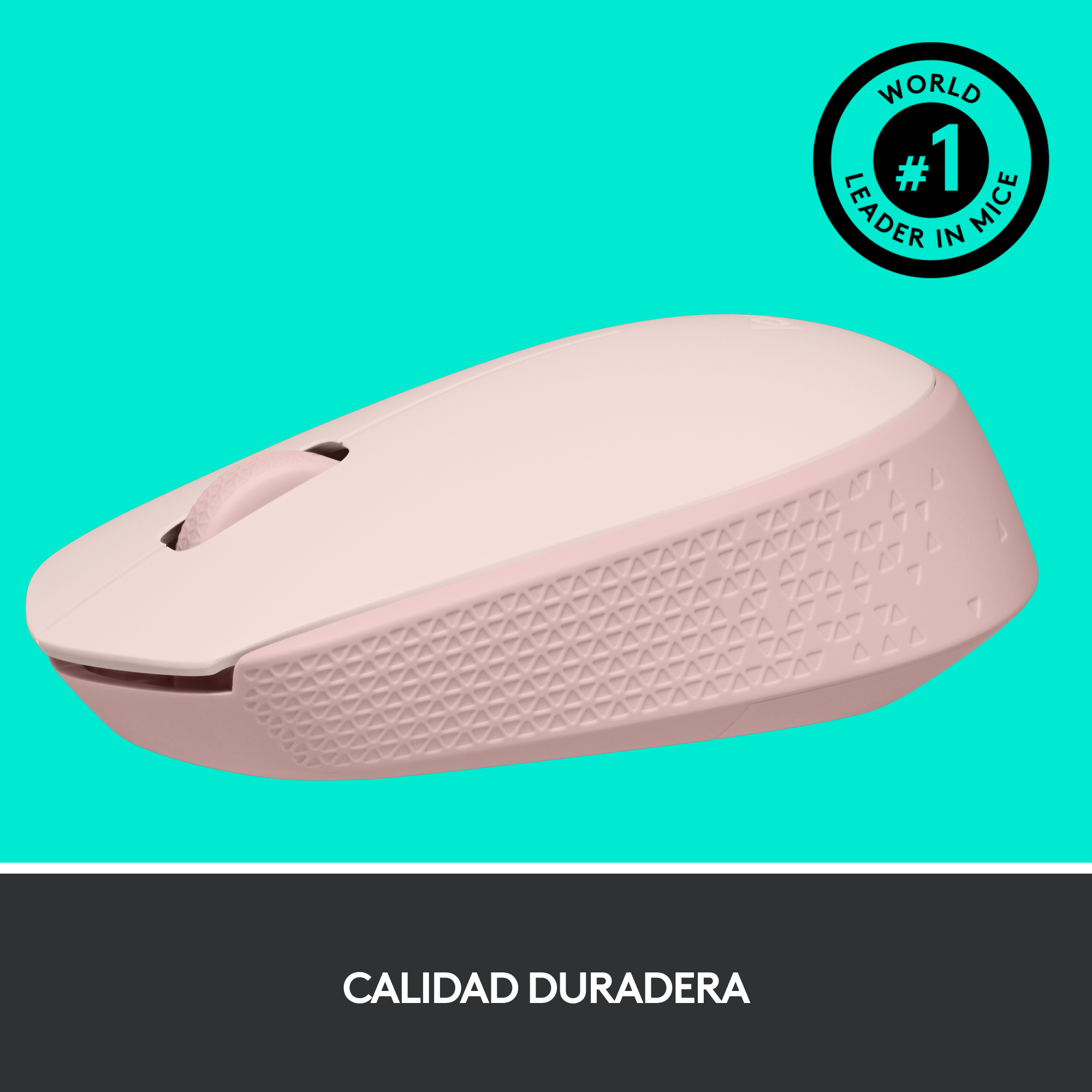 Un ratón inalámbrico Logitech rosa sobre un fondo verde azulado. El ratón tiene un agarre texturizado en el lateral.