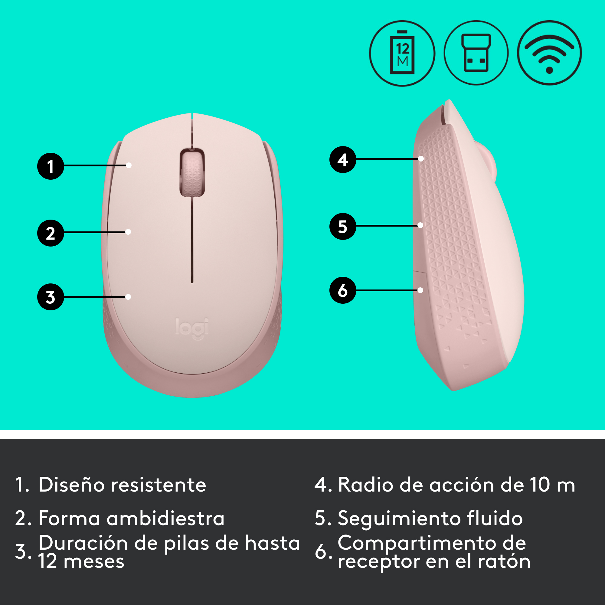 Ratón rosa de ordenador, vistas superior y lateral. Botones, rueda y ranura del receptor.