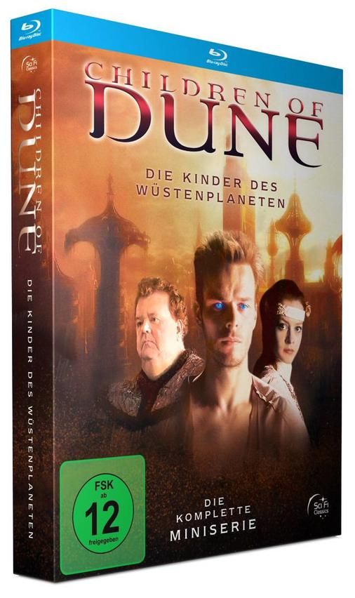 Eine Blu-ray-Box des Films 'Children of Dune' mit einer Filmszene und Text auf Englisch und Deutsch.