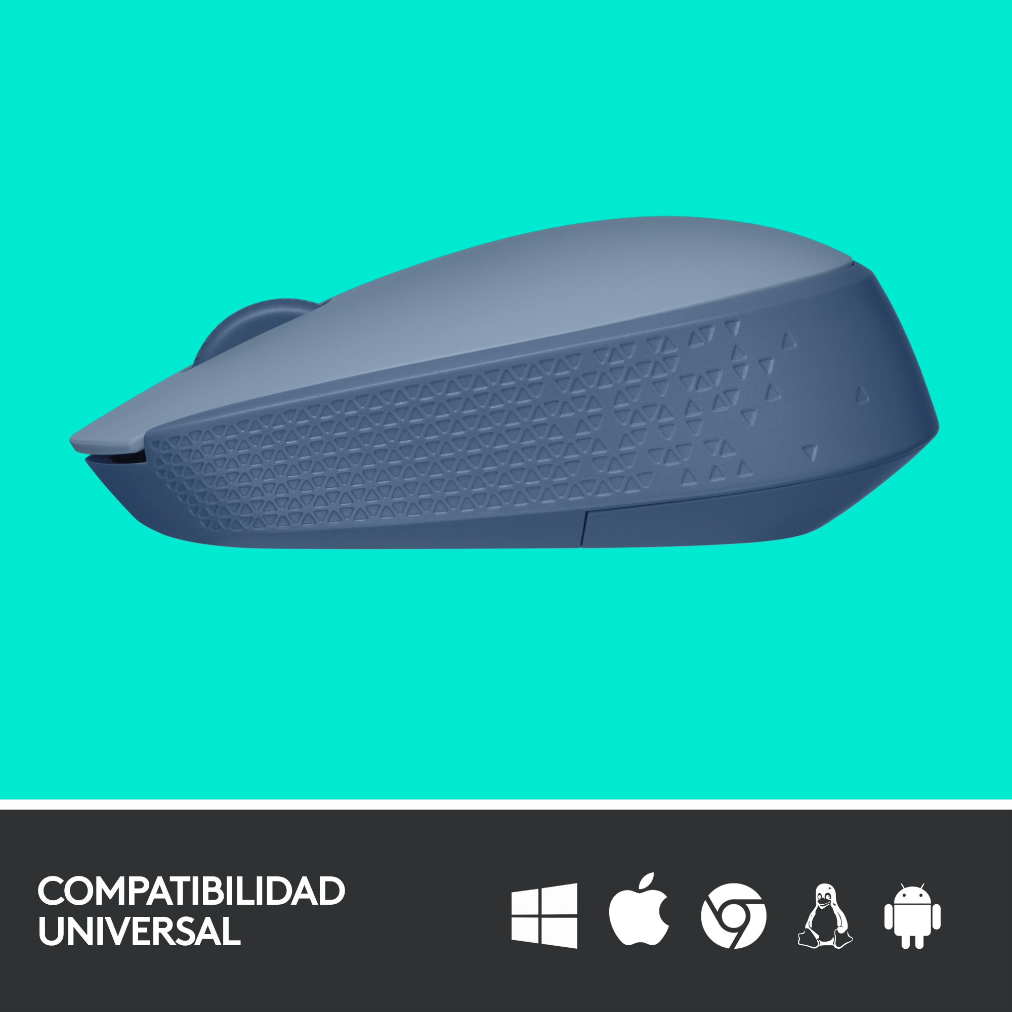 Un ratón de ordenador azul-gris, con agarre texturizado y superficie turquesa.