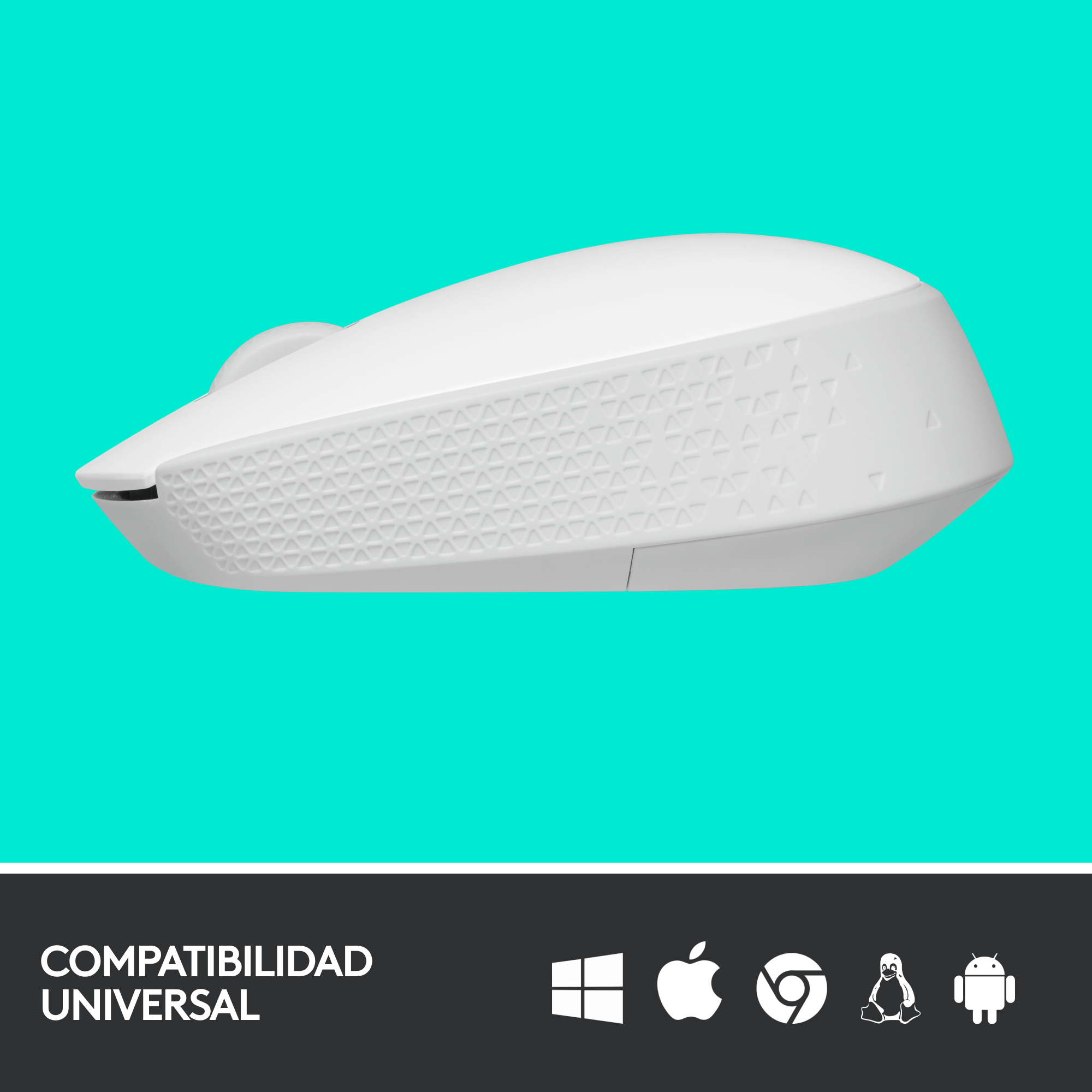 Ratón Logitech blanco sobre fondo turquesa con agarre texturizado.