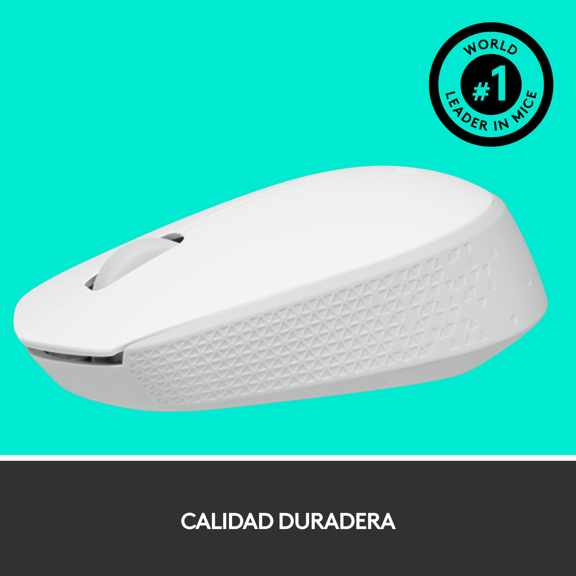 Un ratón de computadora blanco con un logo sobre fondo turquesa y texto de calidad debajo.