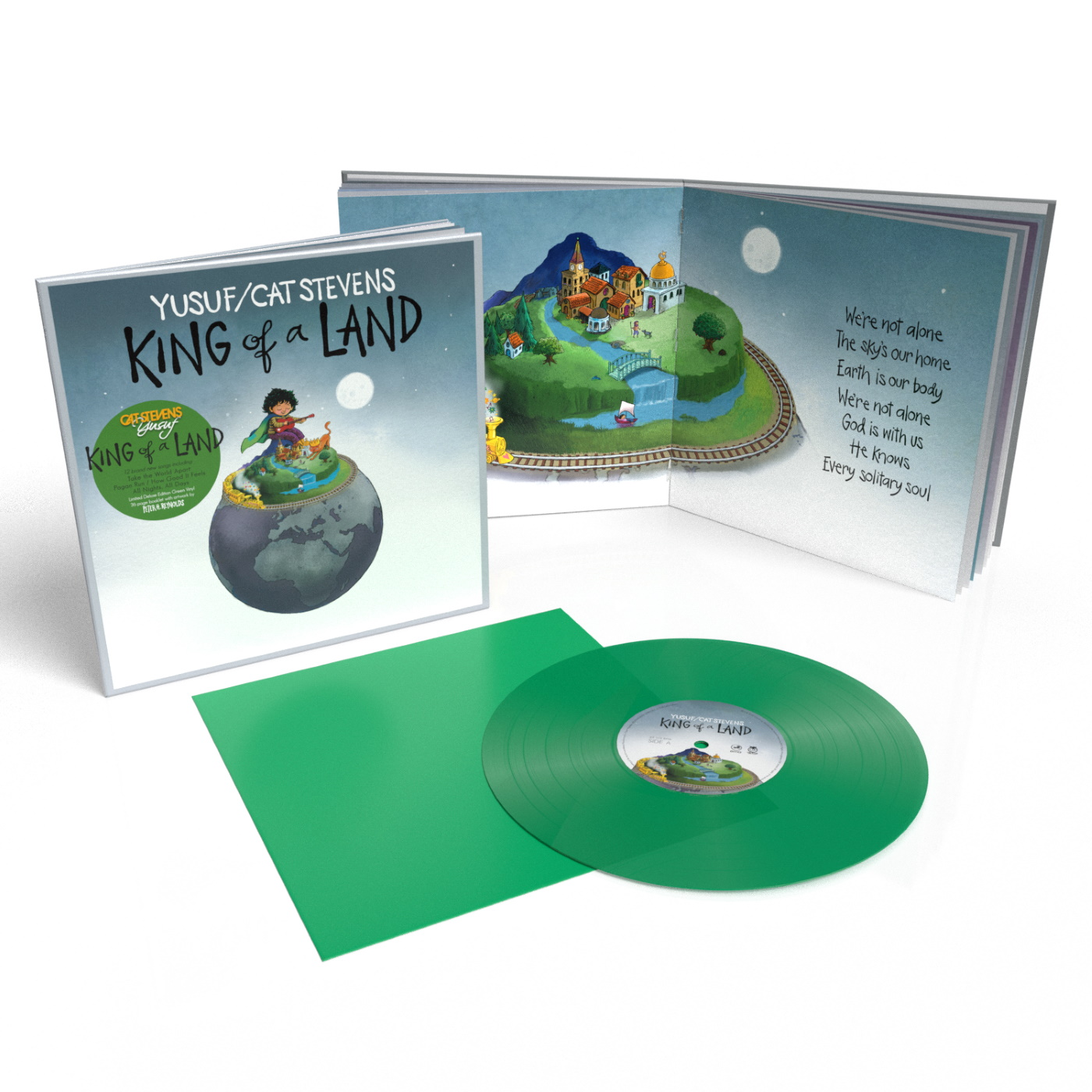 Buchcover und Vinyl-Schallplatte von "King of a Land" von Yusuf/Cat Stevens, mit grünen Akzenten.