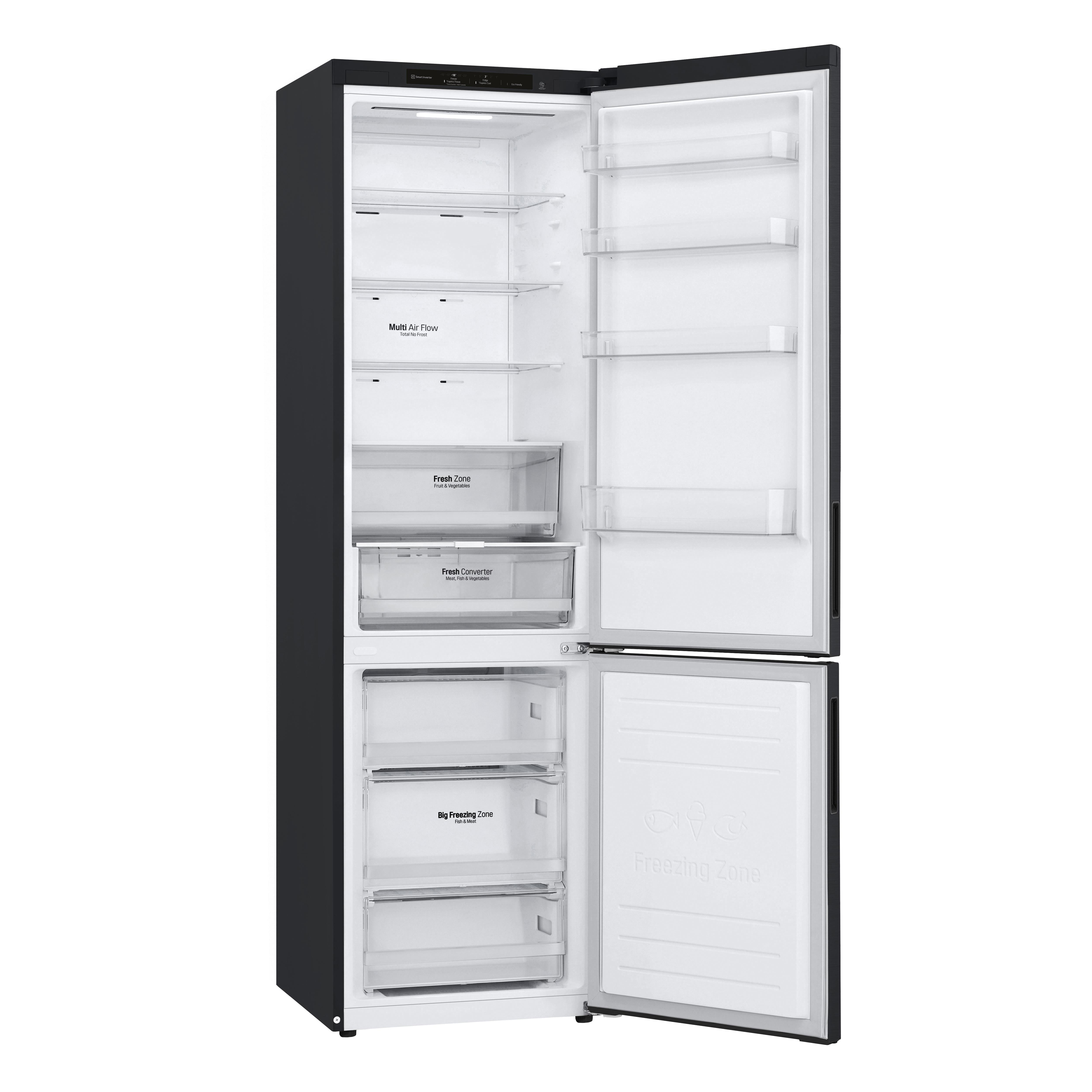 Ein schwarzer Kühlschrank mit geöffneten Türen, der Regale, Schubladen und Fächer zeigt.