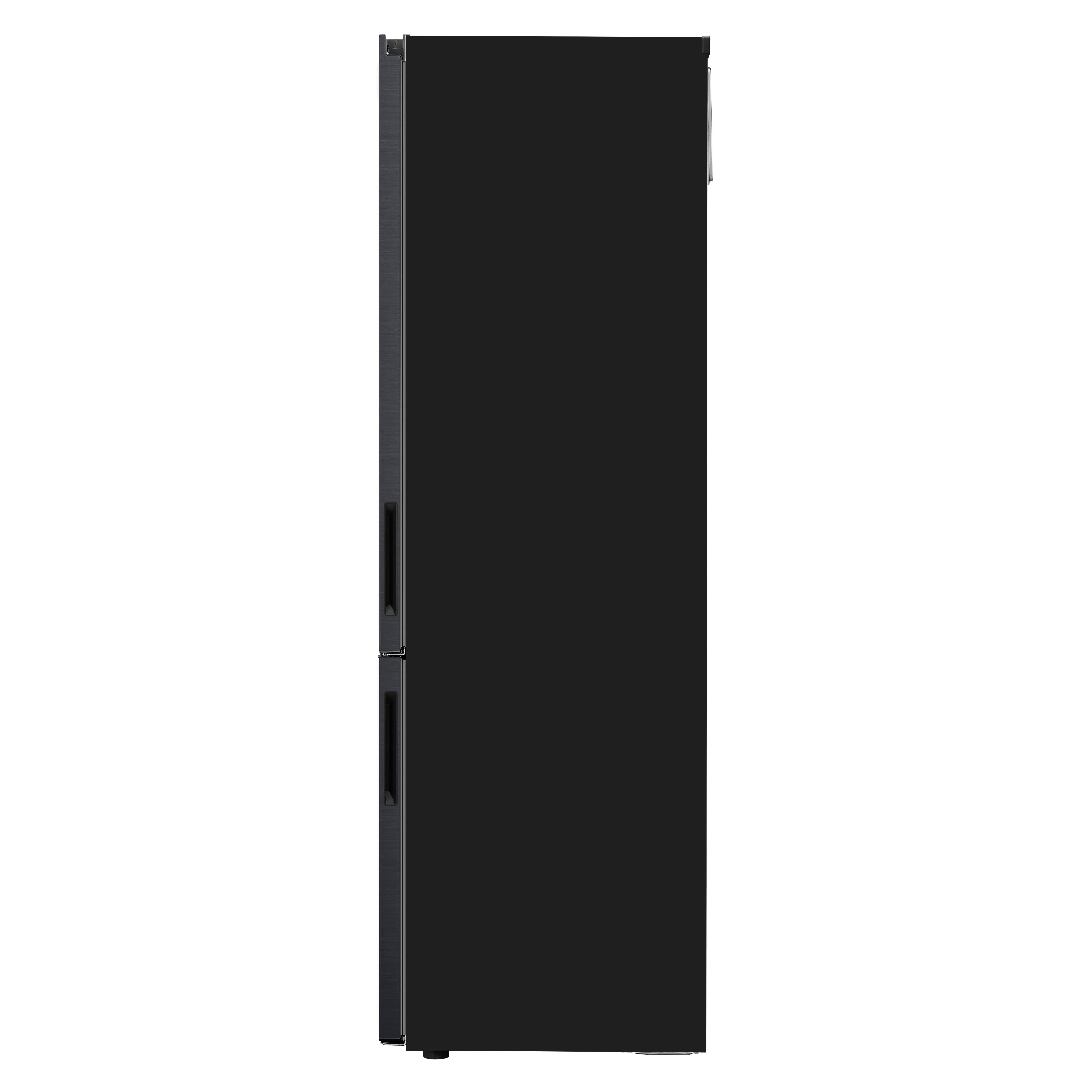 Ein schwarzer Kühlschrank mit zwei Türen, Seitenansicht vor weißem Hintergrund.