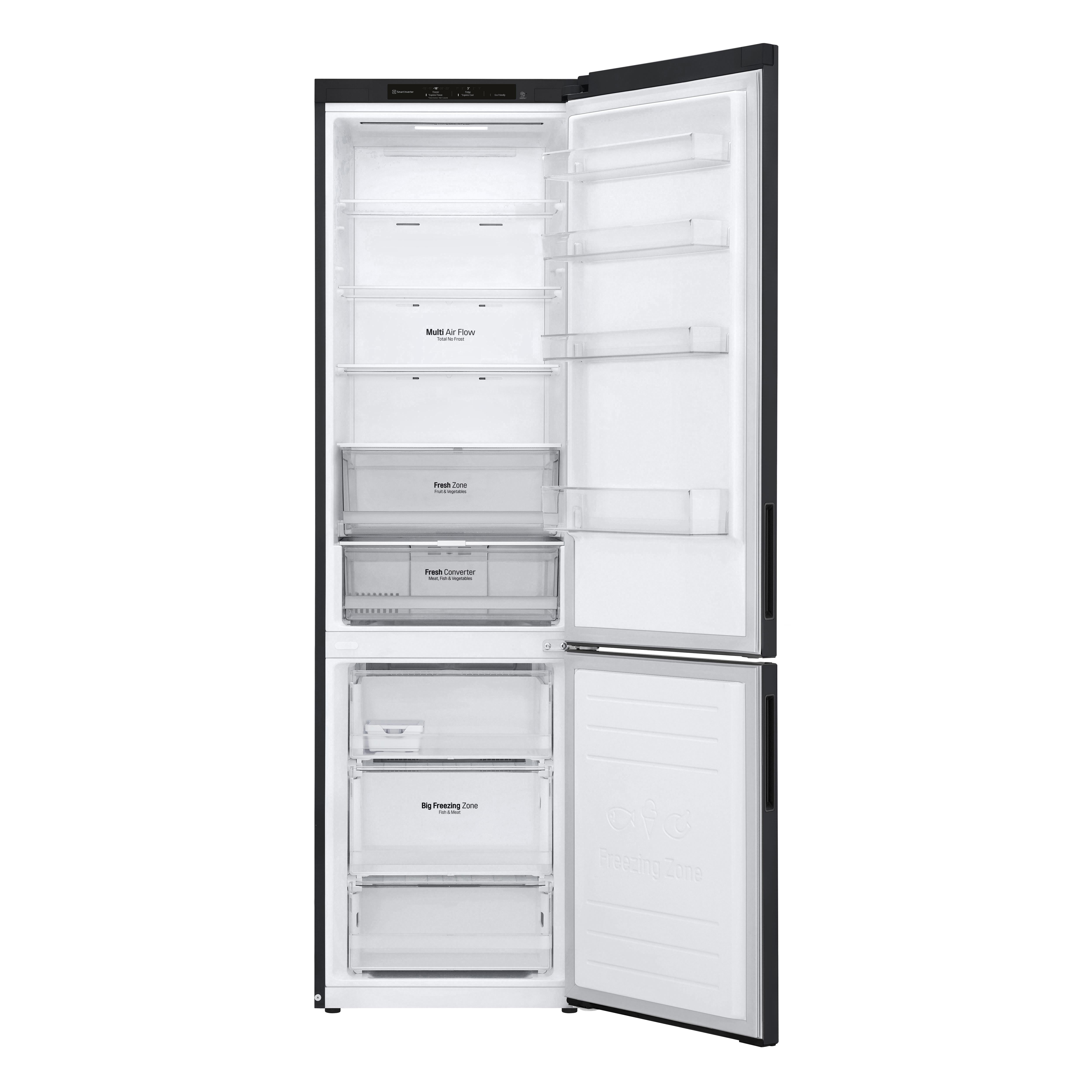 Offener Kühlschrank. Oberer Bereich mit Regalen, Schubladen. Unterer Bereich mit Schubladen. Weißes Innere.