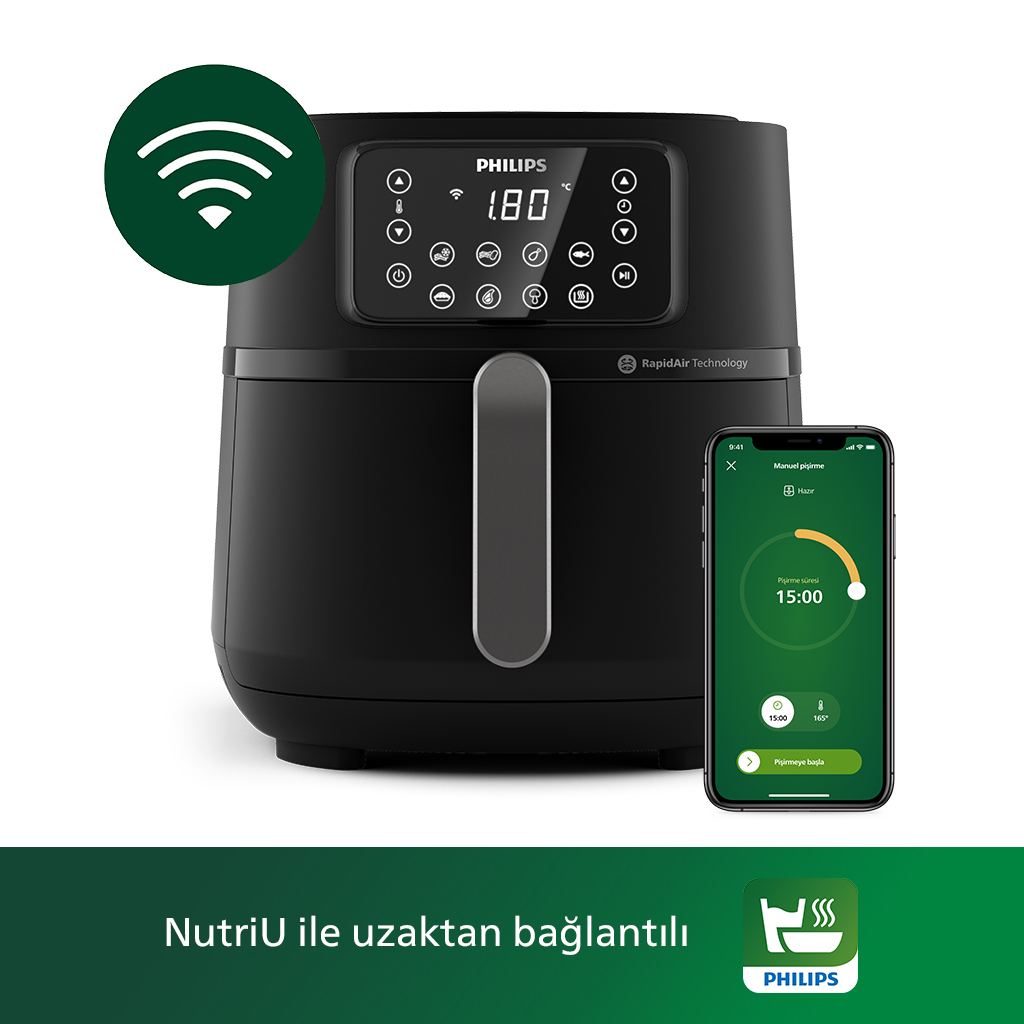 Siyah hava fritözü ve uygulama arayüzlü telefon. Kablosuz simgesi.