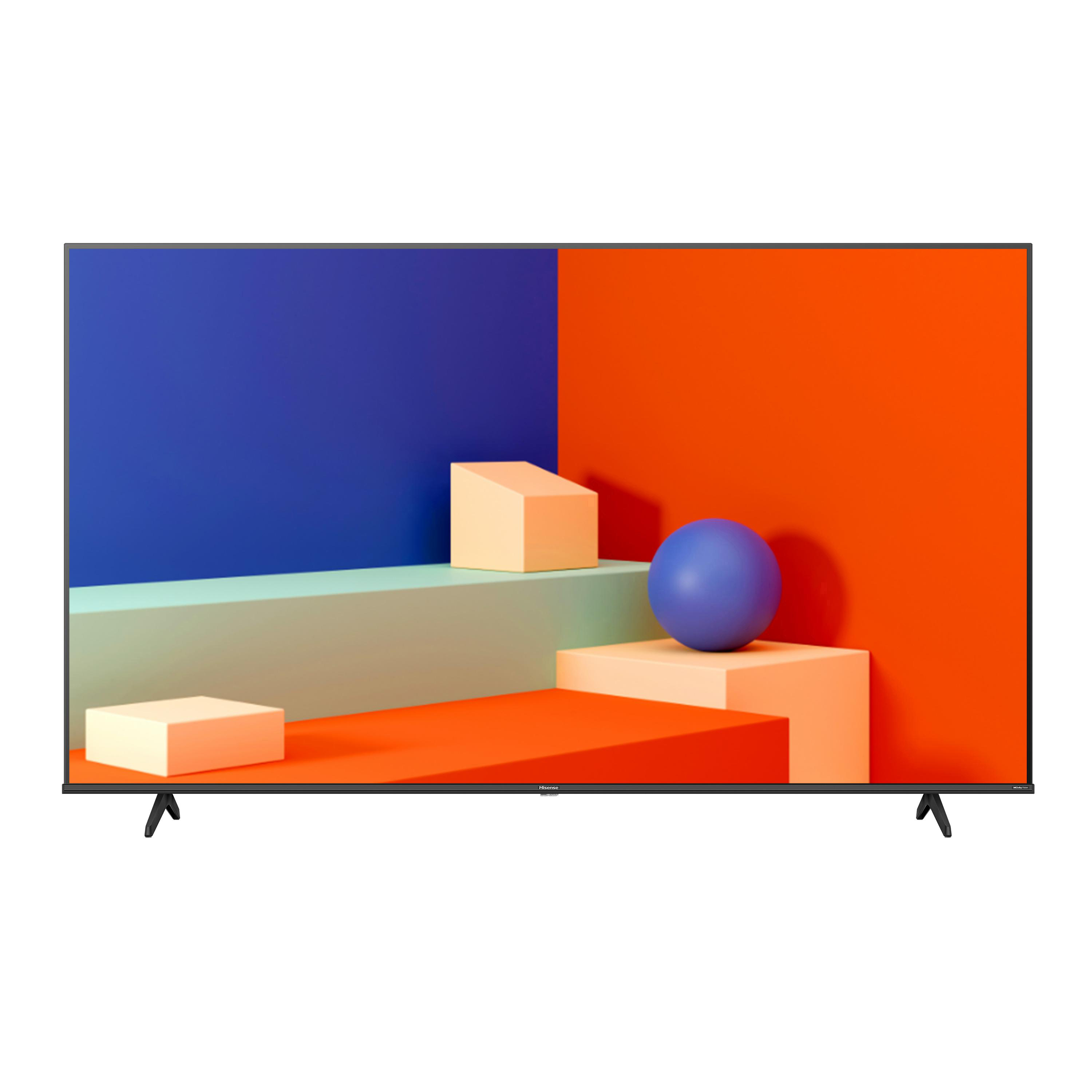 Ein Samsung-Fernseher vor einem farbenfrohen Hintergrund mit geometrischen Formen und einer blauen Kugel.