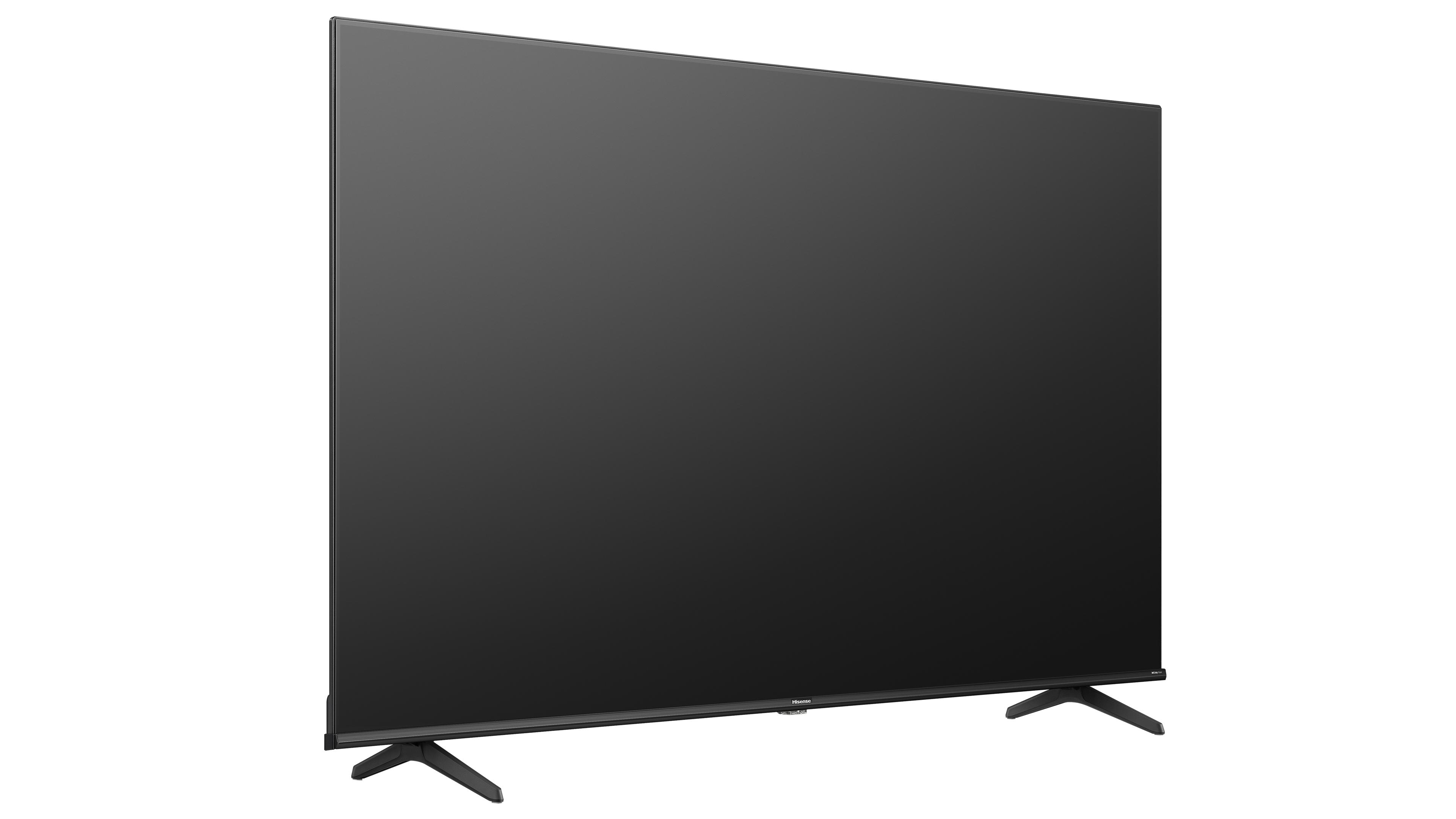 Ein großer, rechteckiger Fernseher mit schwarzem Bildschirm und schwarzem Ständer, isoliert auf weißem Hintergrund.