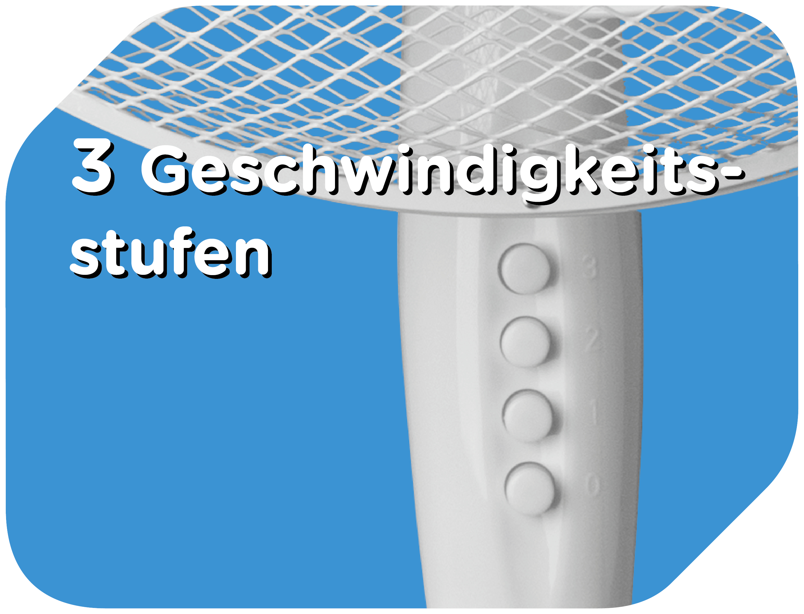 Nahaufnahme eines weißen Ventilators mit Geschwindigkeitsstufen auf blauem Hintergrund.