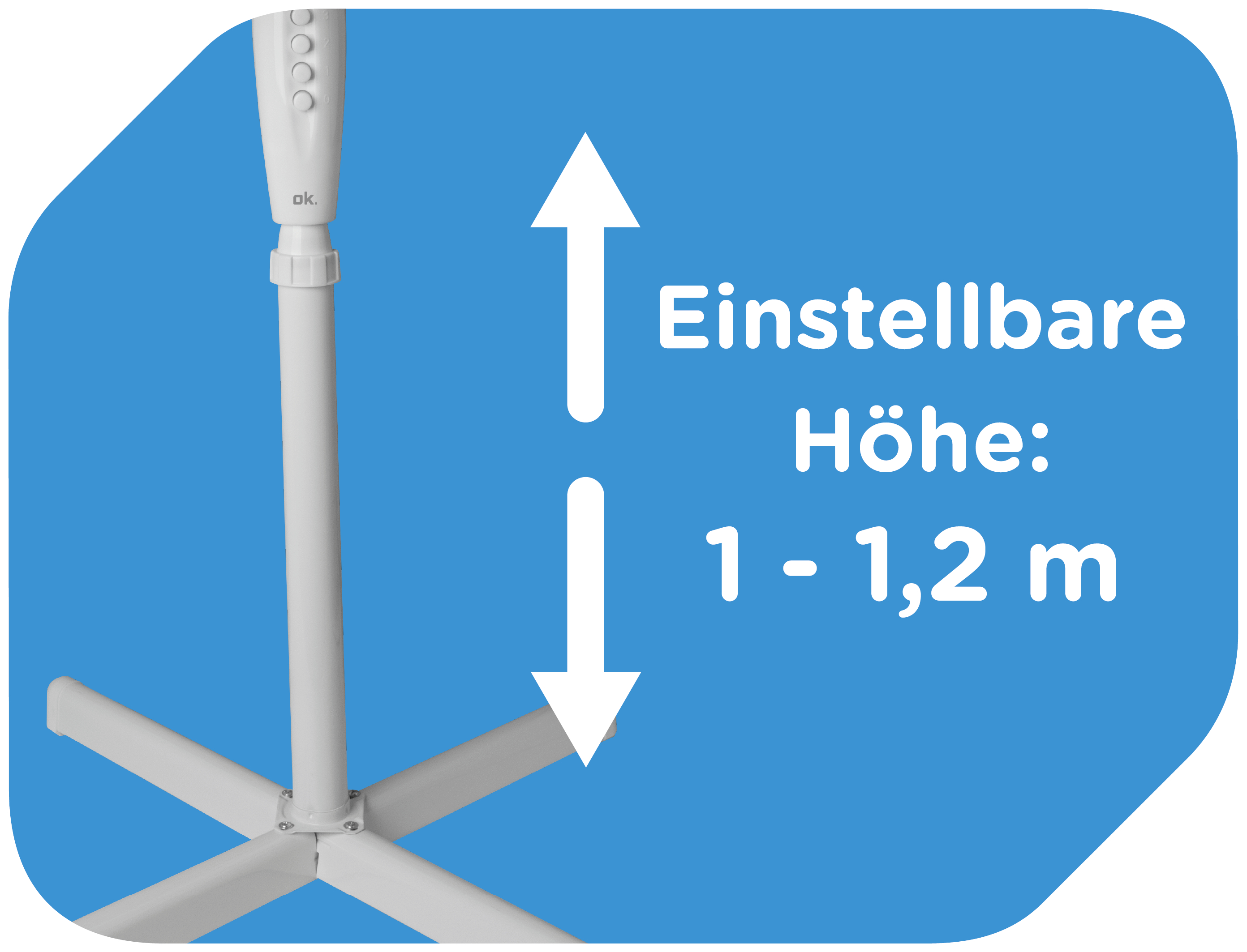 Weißer Ventilator mit einstellbarer Höhenanleitung auf blauem Grund.