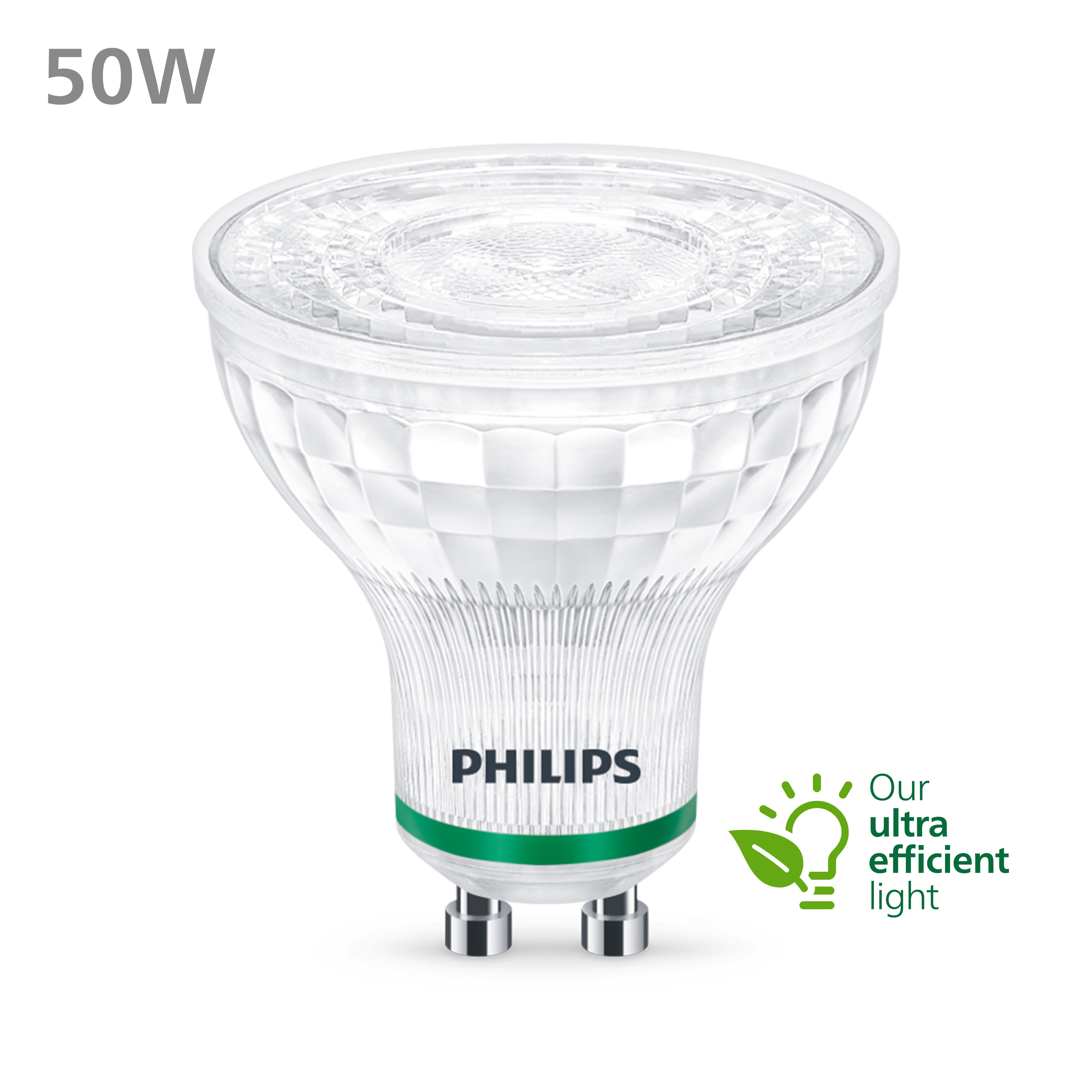 Eine Philips LED-Glühbirne mit '50W' und 'Unser ultra effizientes Licht'.