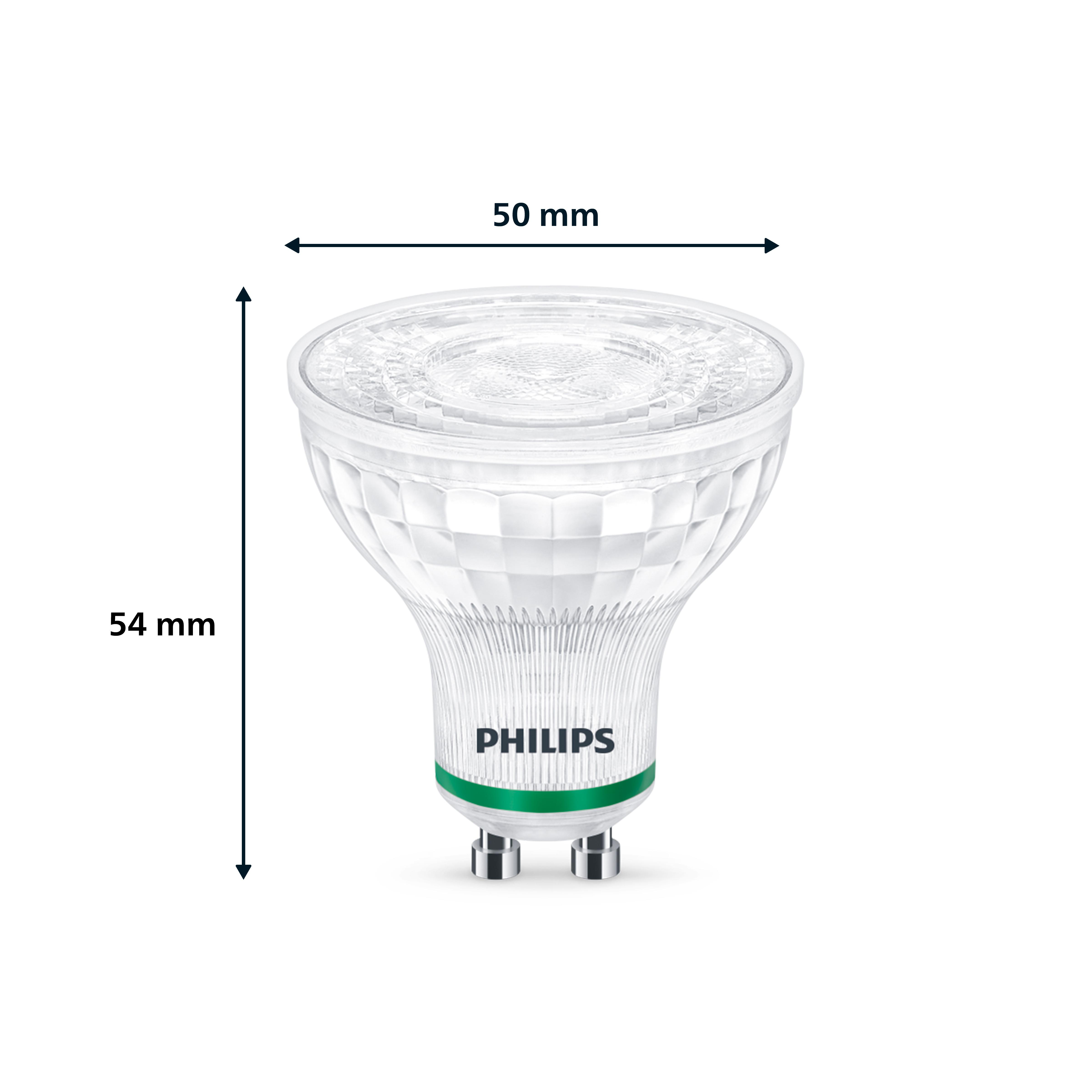 Weiße Philips LED-Glühbirne mit den Abmessungen 50mm x 54mm.