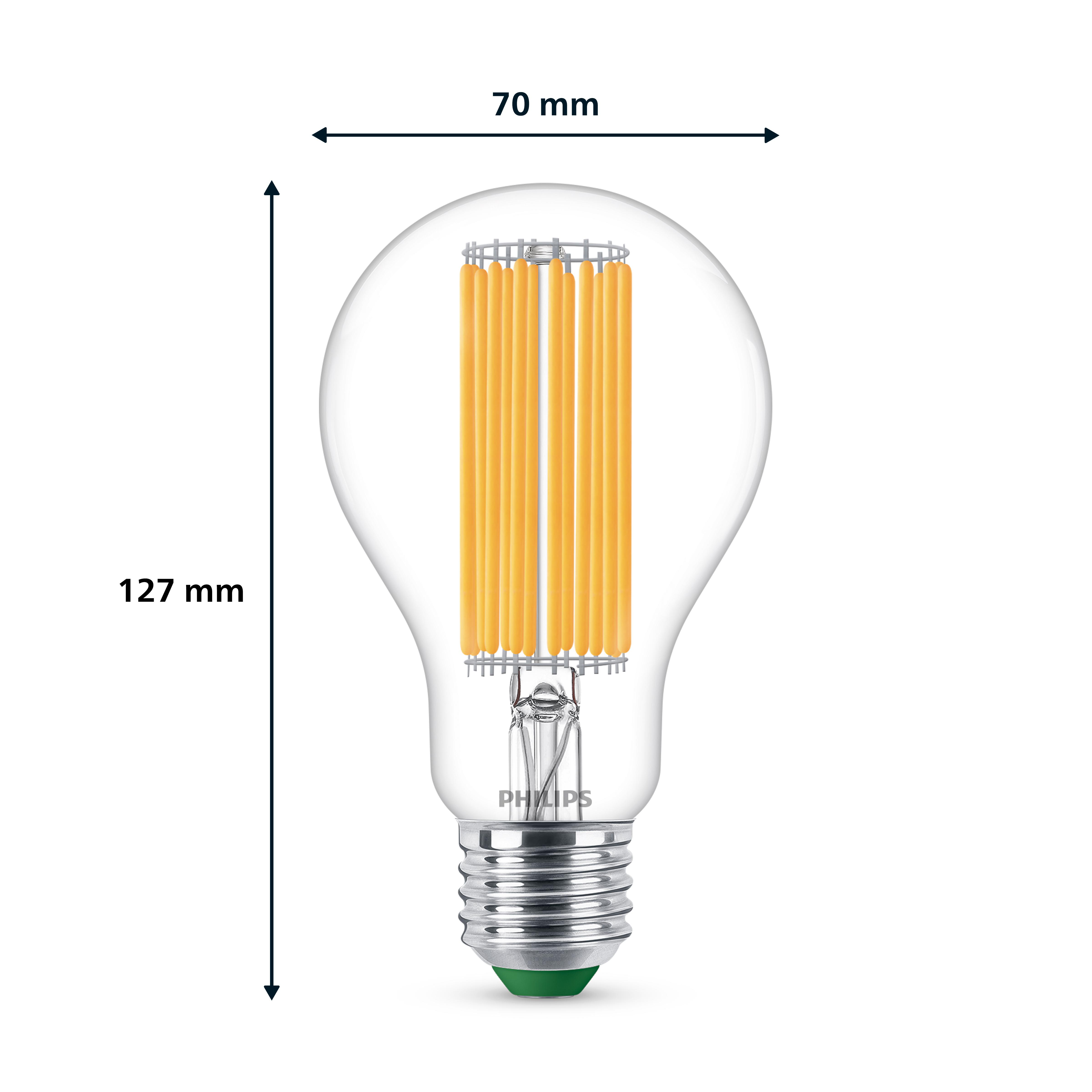 Eine klare Philips-Glühbirne mit internen LED-Filamenten und Maßen in mm.