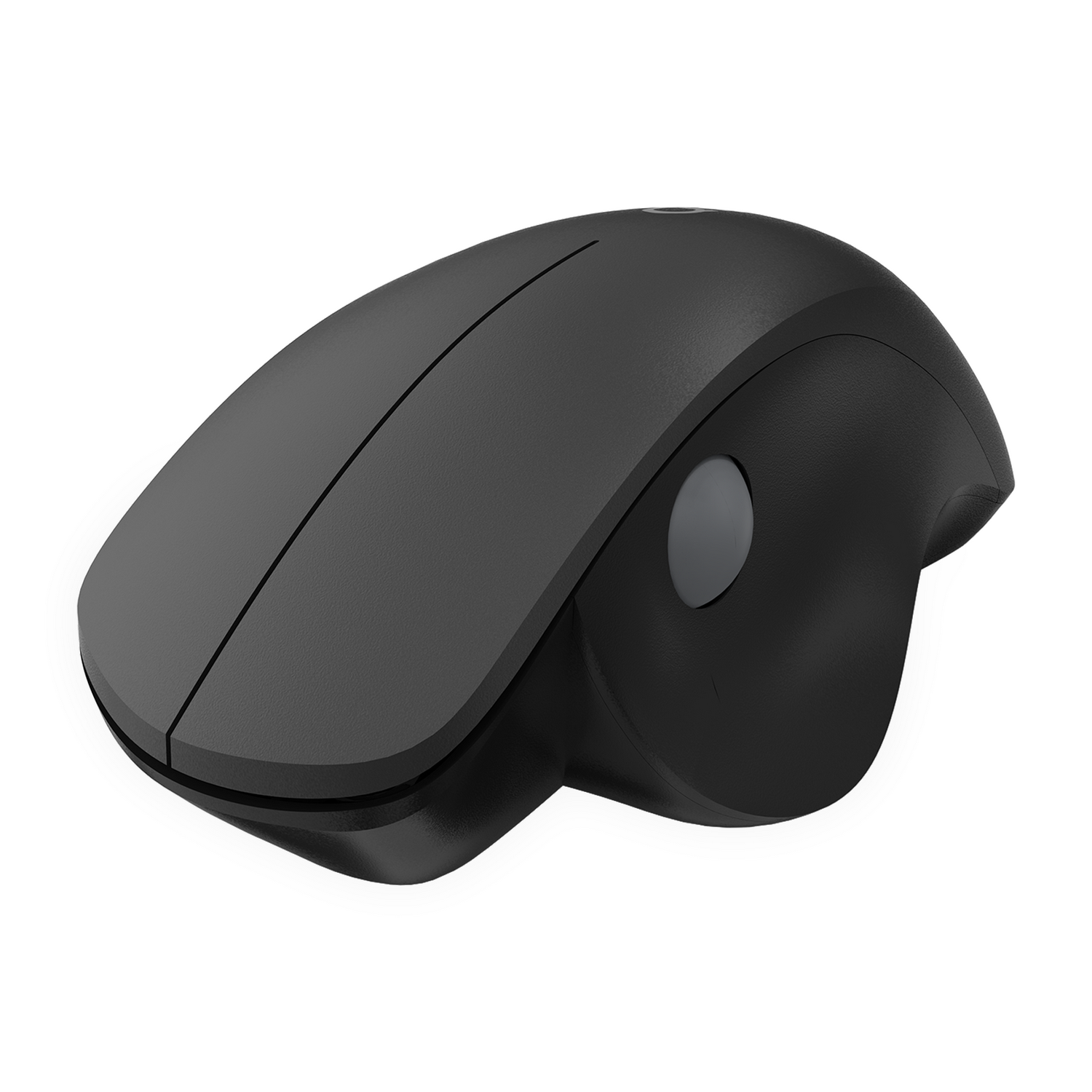 A black computer mouse. The mouse has a curved design with a gray scroll wheel and a smooth, matte finish.