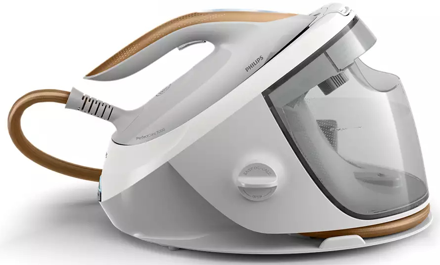 Een wit en goudkleurig Philips PerfectCare Elite stoomstrijkijzer.