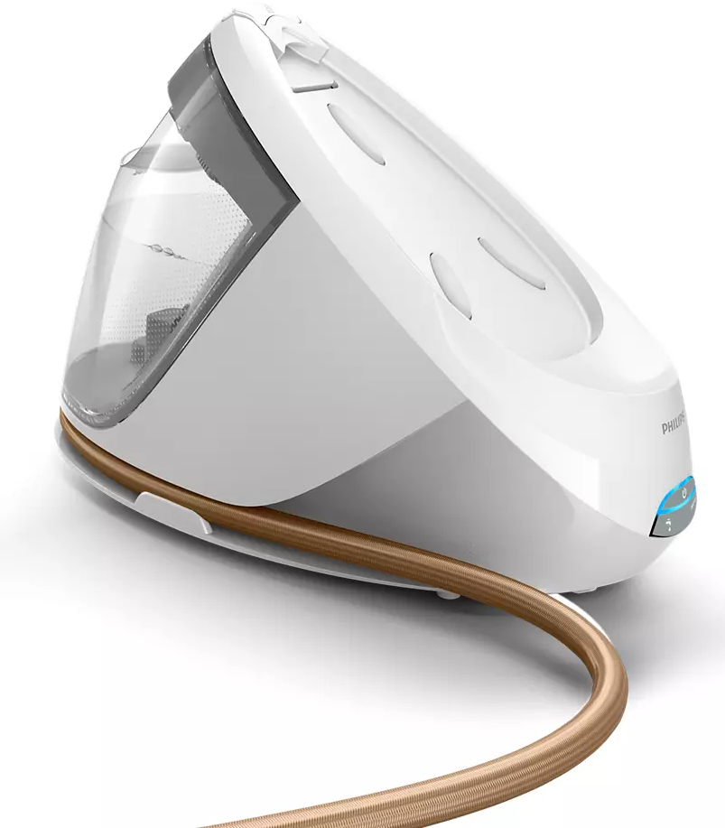 Witte stoomgenerator strijkijzer met een transparante watertank en gouden snoer.