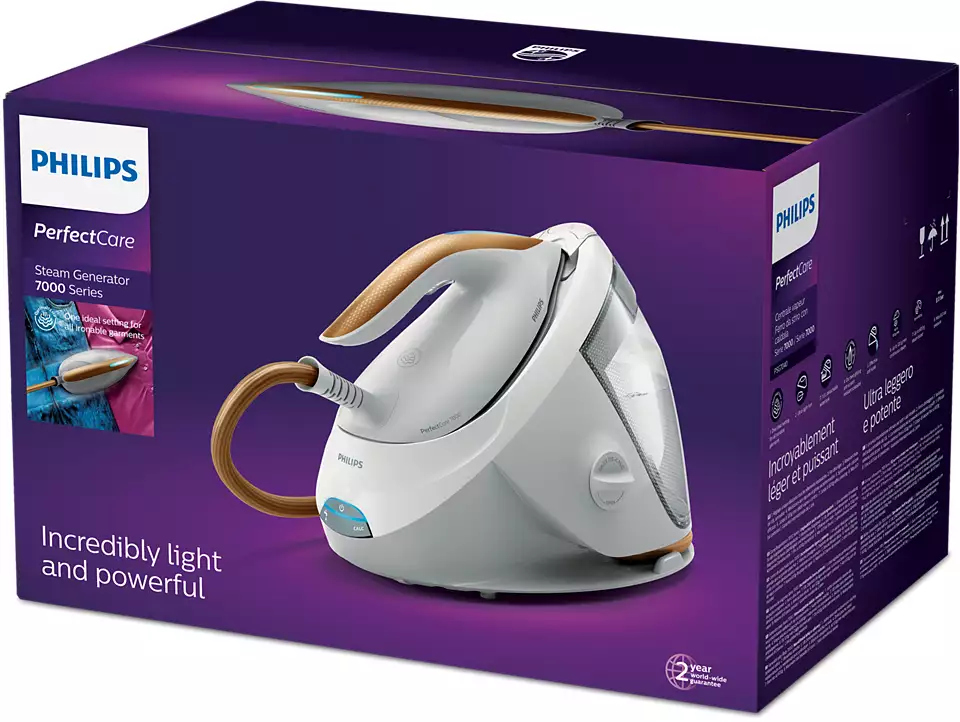 Een wit en goudkleurig strijkijzer met een zwarte doos, met het Philips-logo en productinformatie.