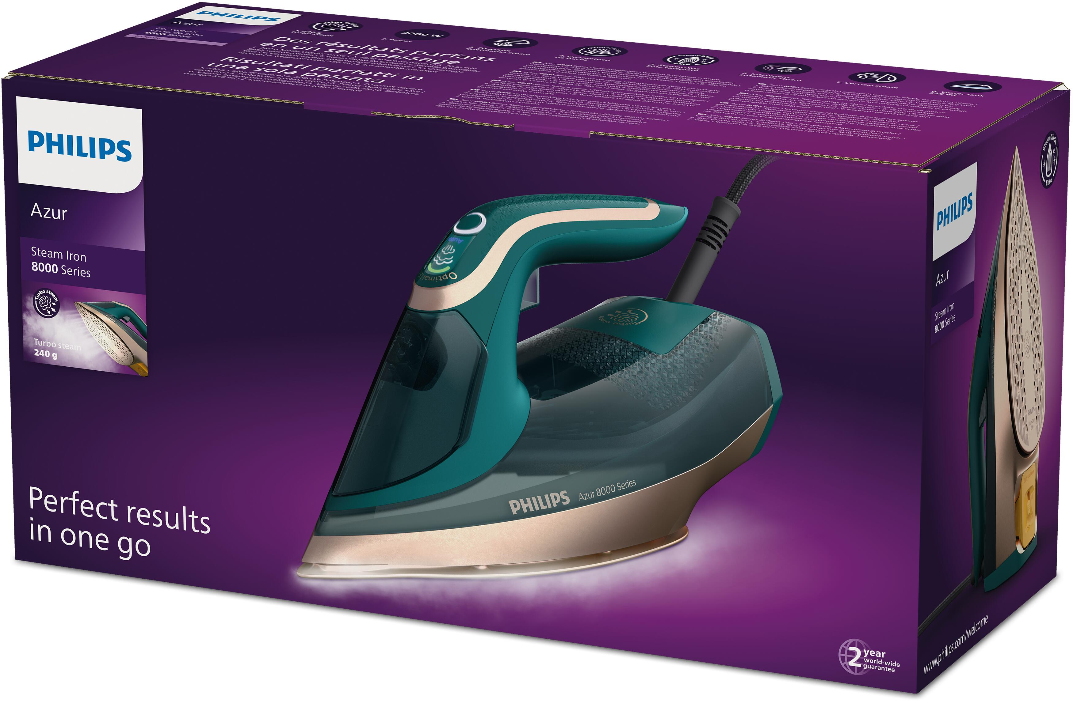 Una plancha de vapor Philips Azur 8000 Series verde y negra con una caja morada.