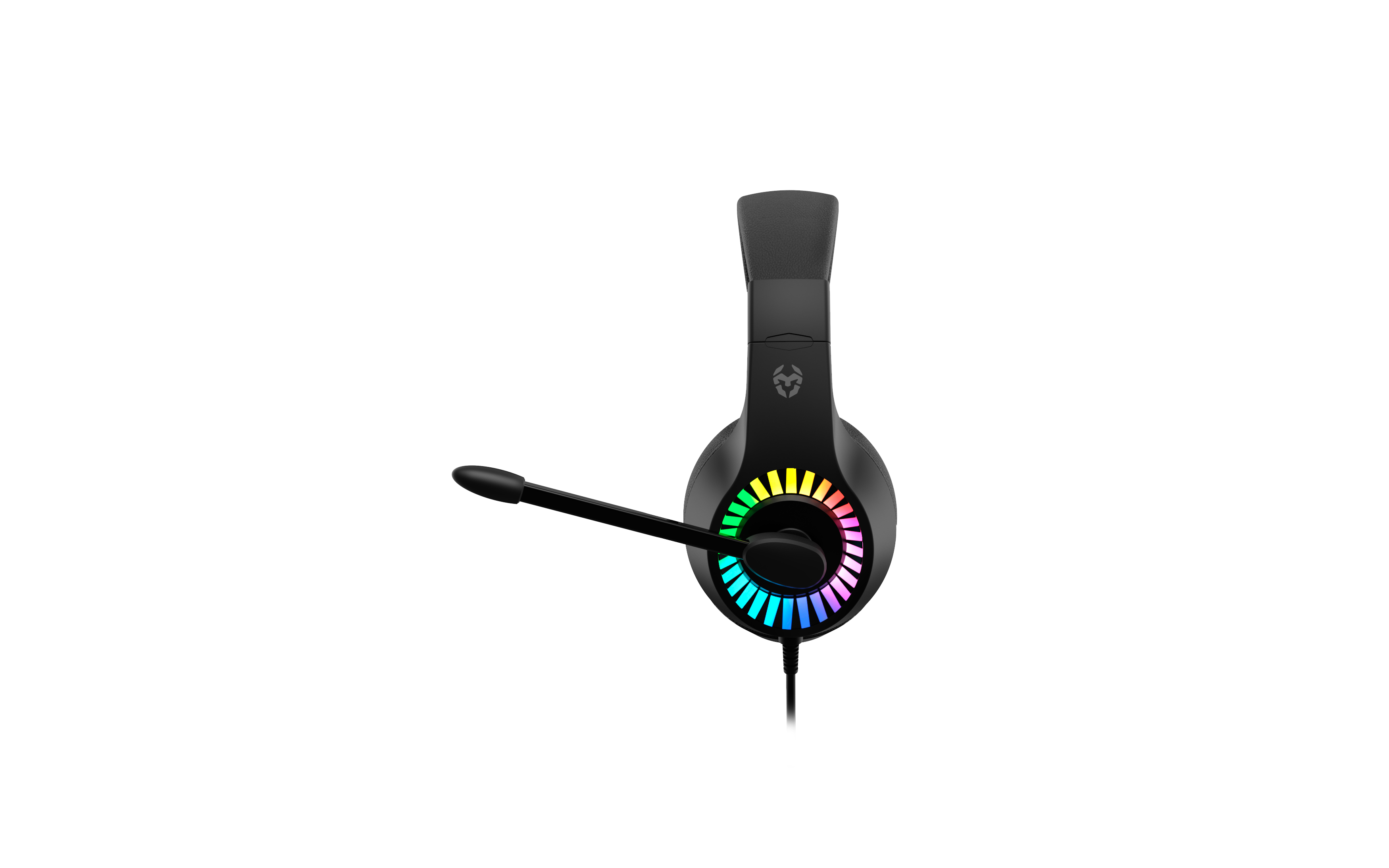 Un auricular para juegos con micrófono, negro con un diseño iluminado colorido.
