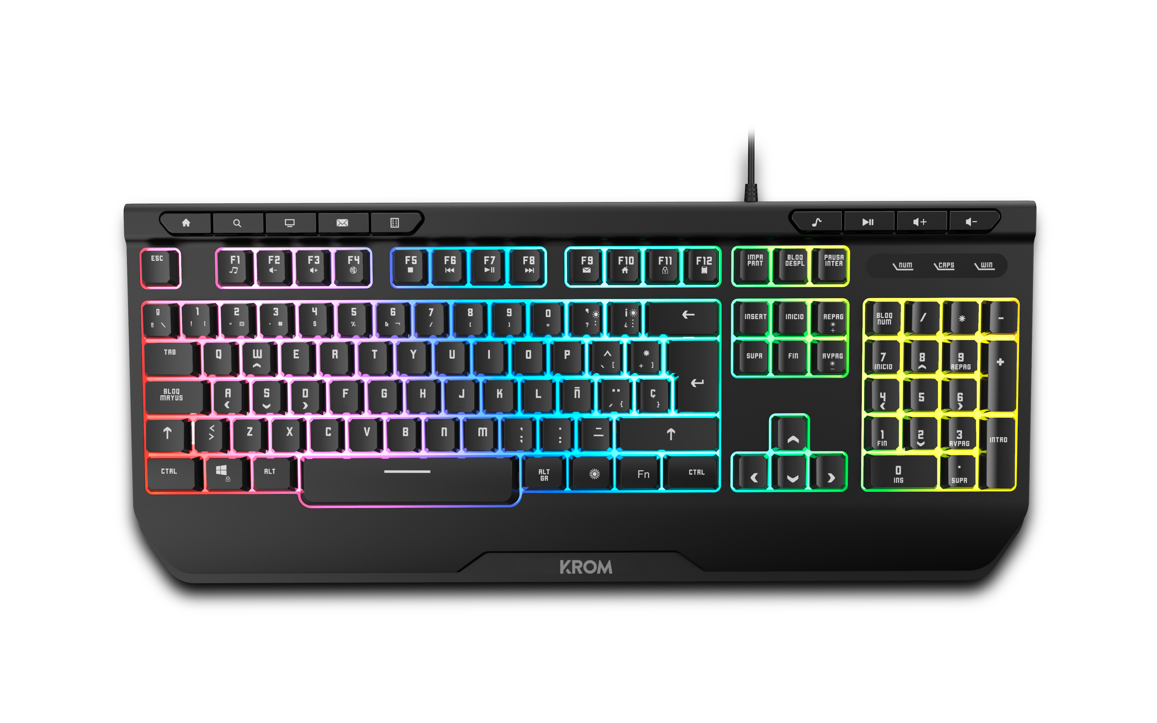 Teclado negro con teclas retroiluminadas de colores. Las teclas están etiquetadas.