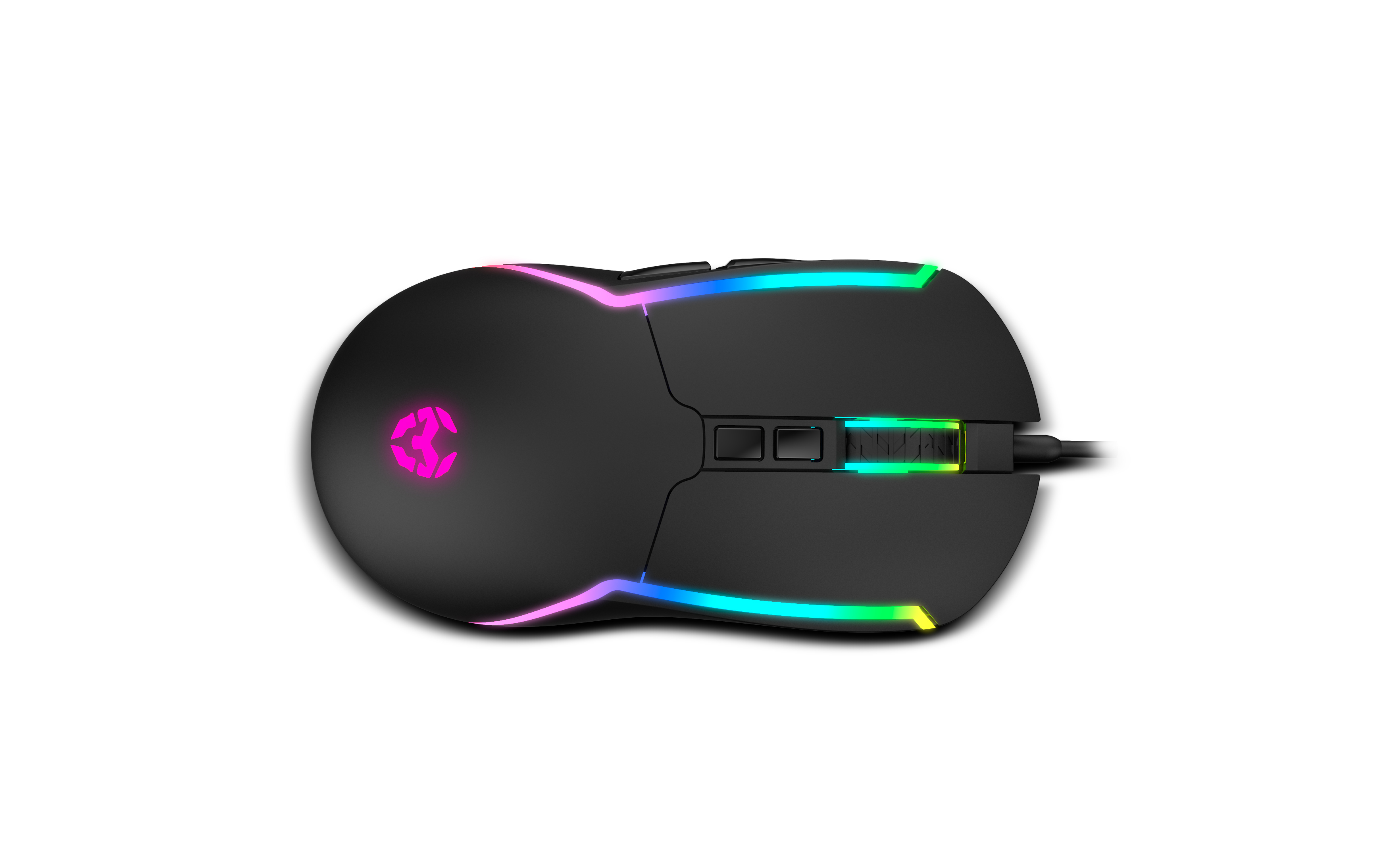 Ratón gaming negro con iluminación RGB. El ratón tiene botones laterales y una rueda de desplazamiento.
