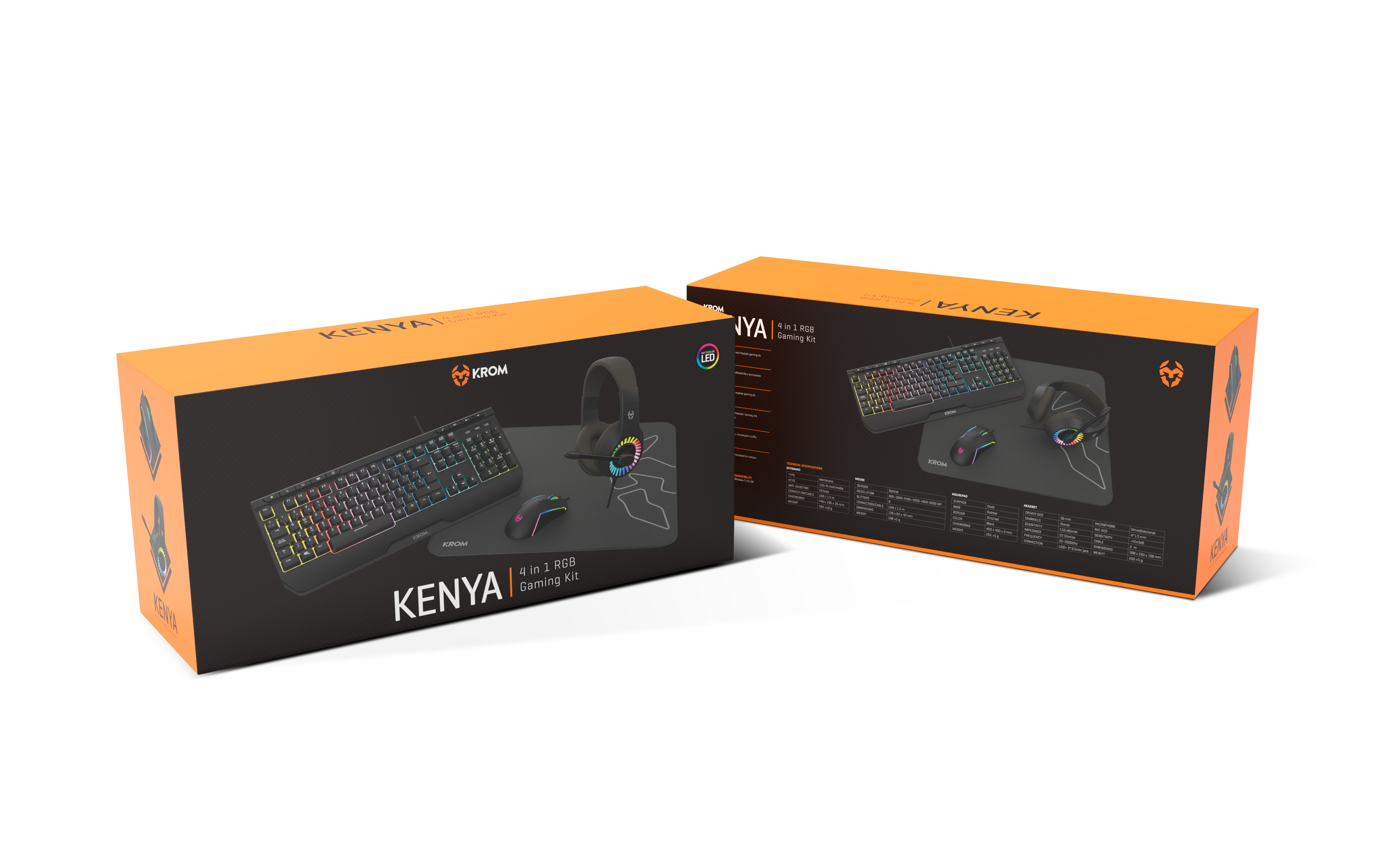 Dos cajas naranjas con un kit de juego de teclado, ratón y auriculares.