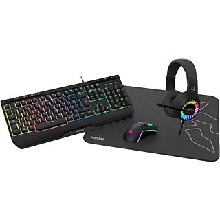 Pack gaming - Krom Kenya Combo  4 en 1, Auriculares + Ratón + Alfombrilla + Teclado, Por Cable, Negro