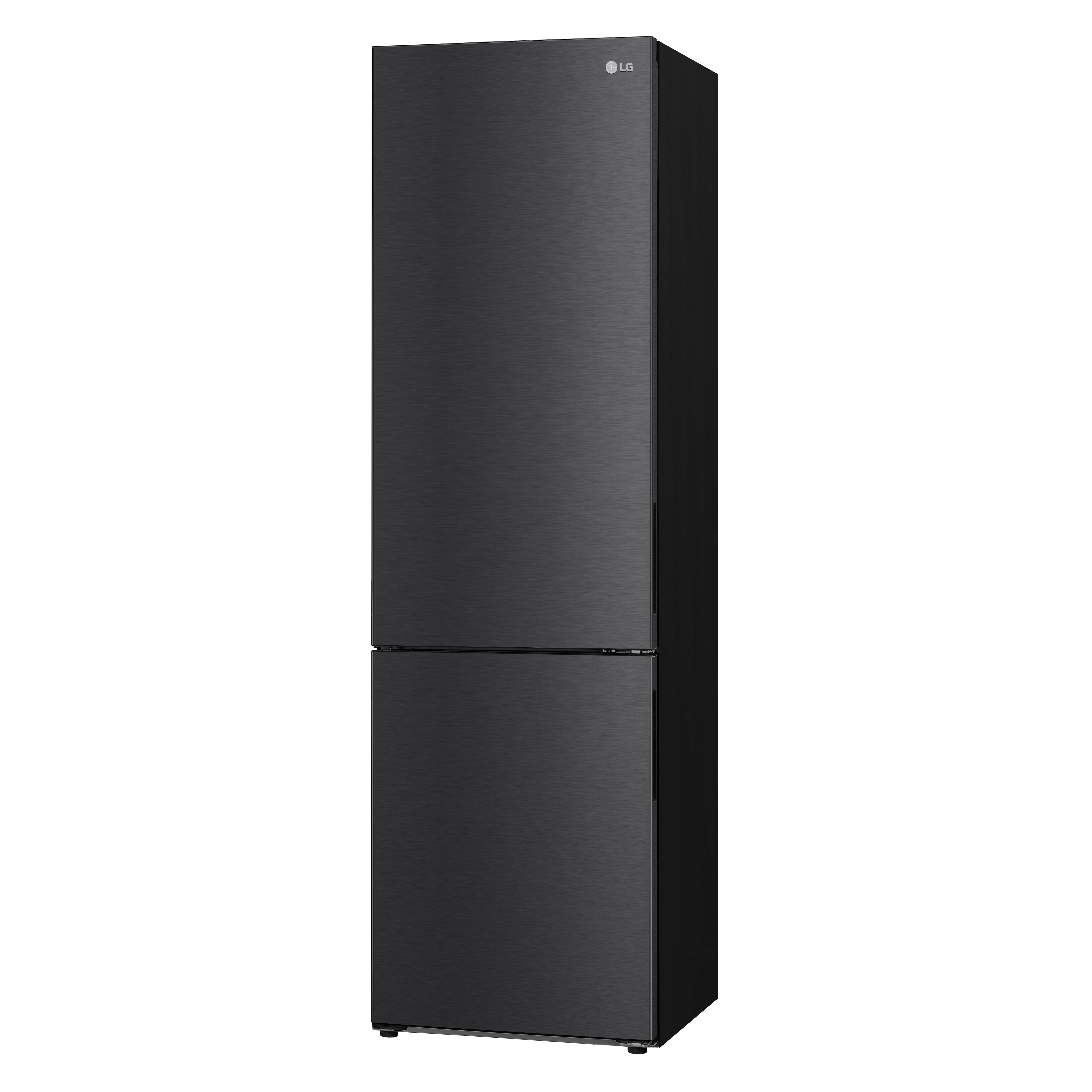 Ein schwarzer LG-Kühlschrank mit einem zweitürigen Design, der die volle Höhe und das schlanke Finish zeigt.