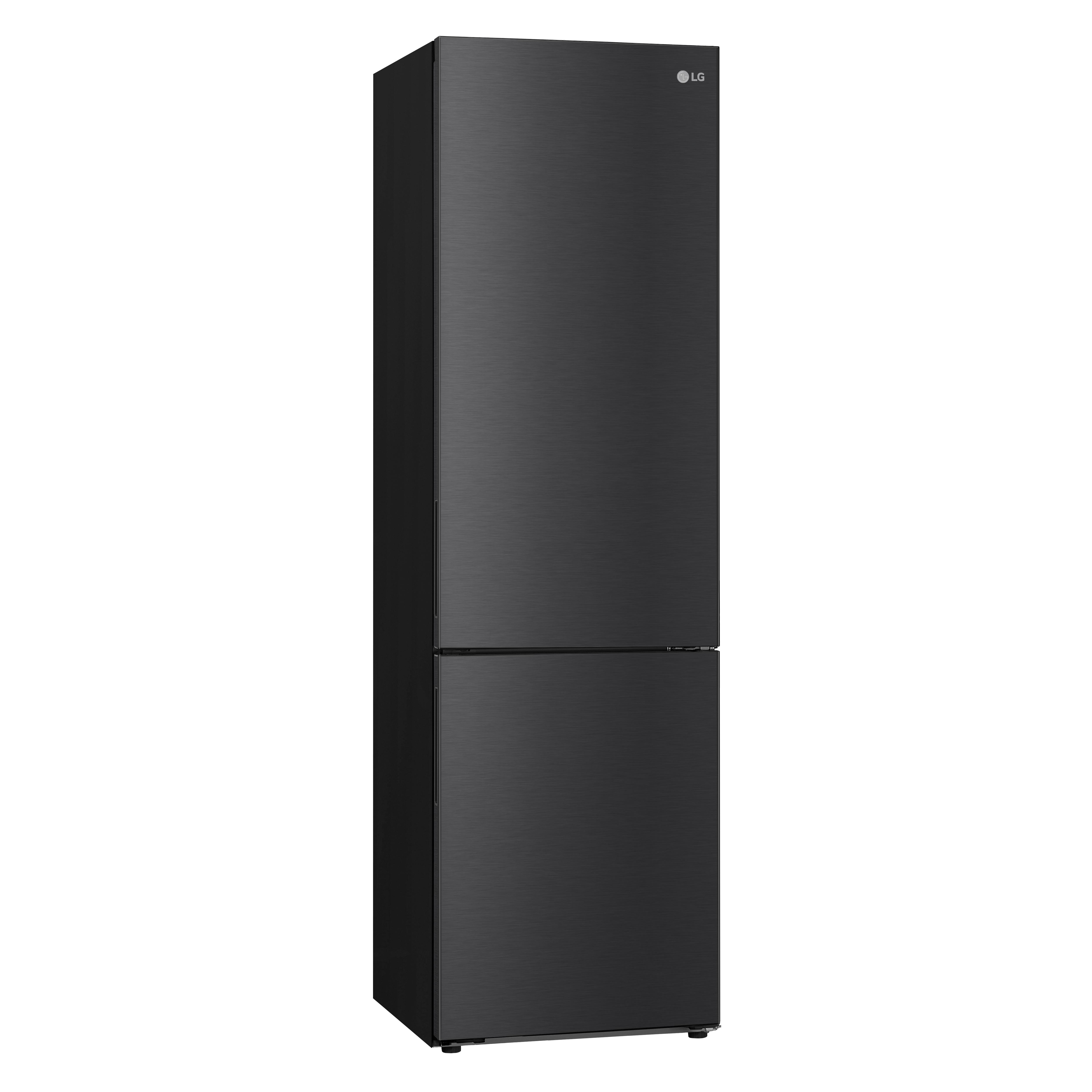 Schwarzer LG-Kühlschrank. Vertikales Design mit zwei Türen. Modernes und elegantes Aussehen.