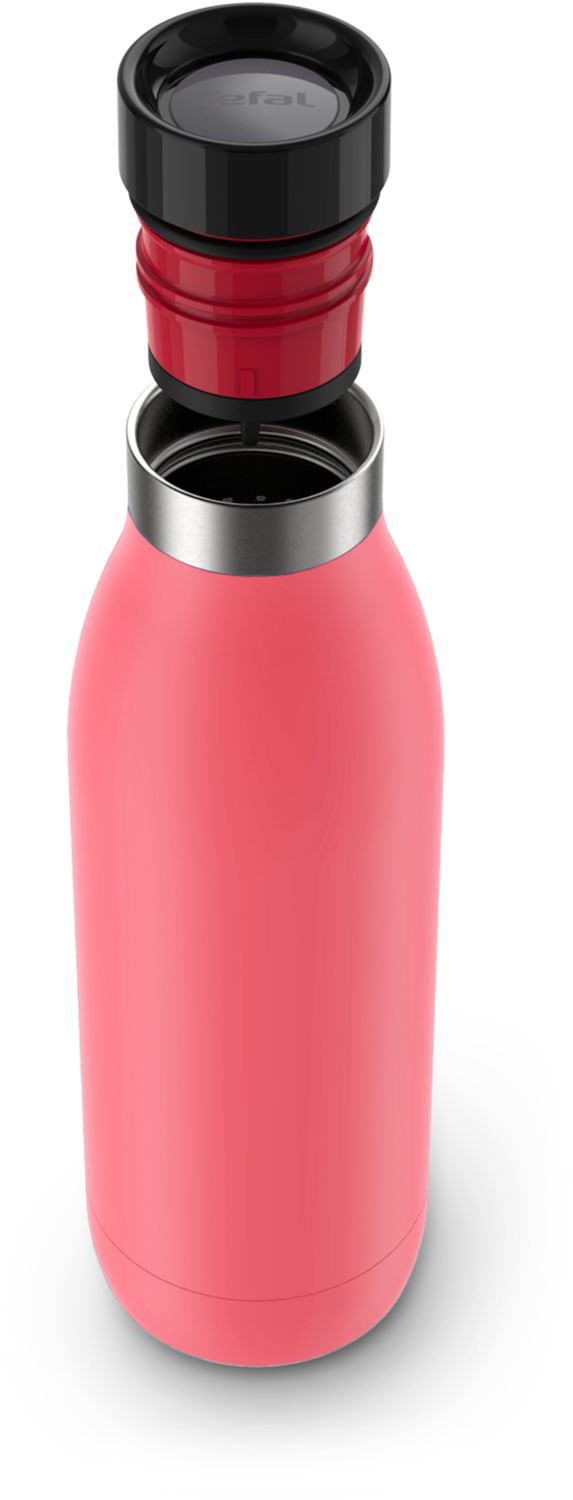 Pink water bottle with black cap open.