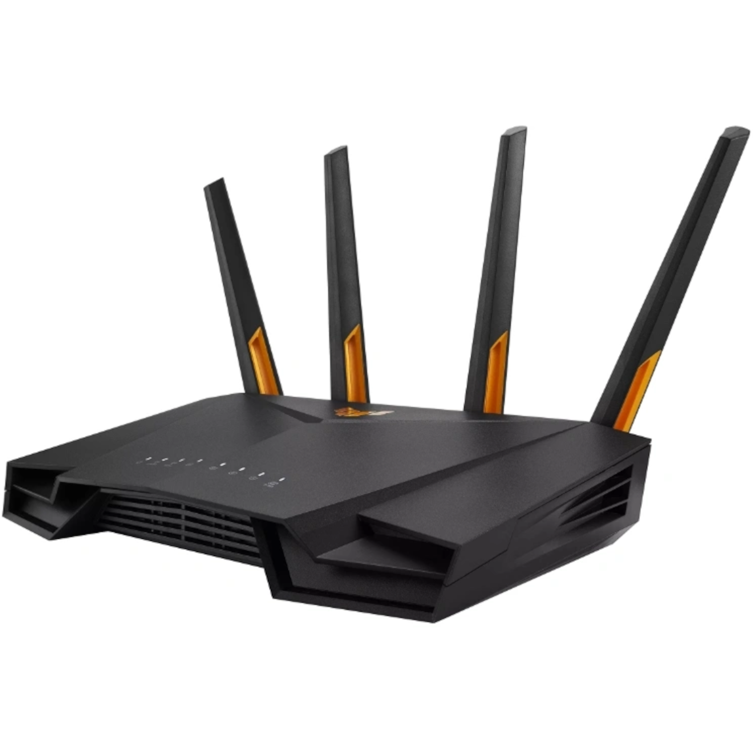Routeur noir avec quatre antennes, incliné sur fond blanc.